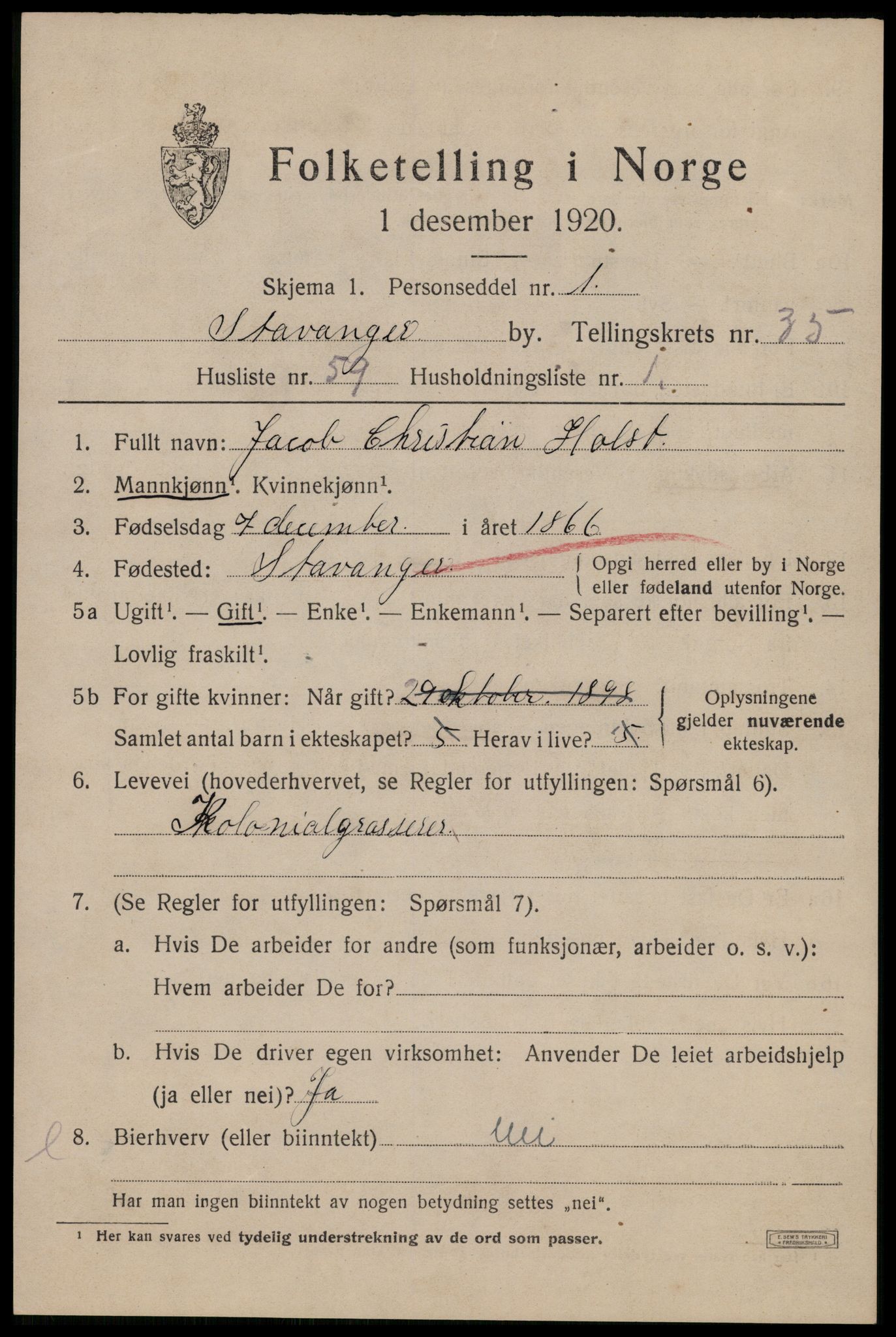 SAST, 1920 census for Stavanger, 1920, p. 94714