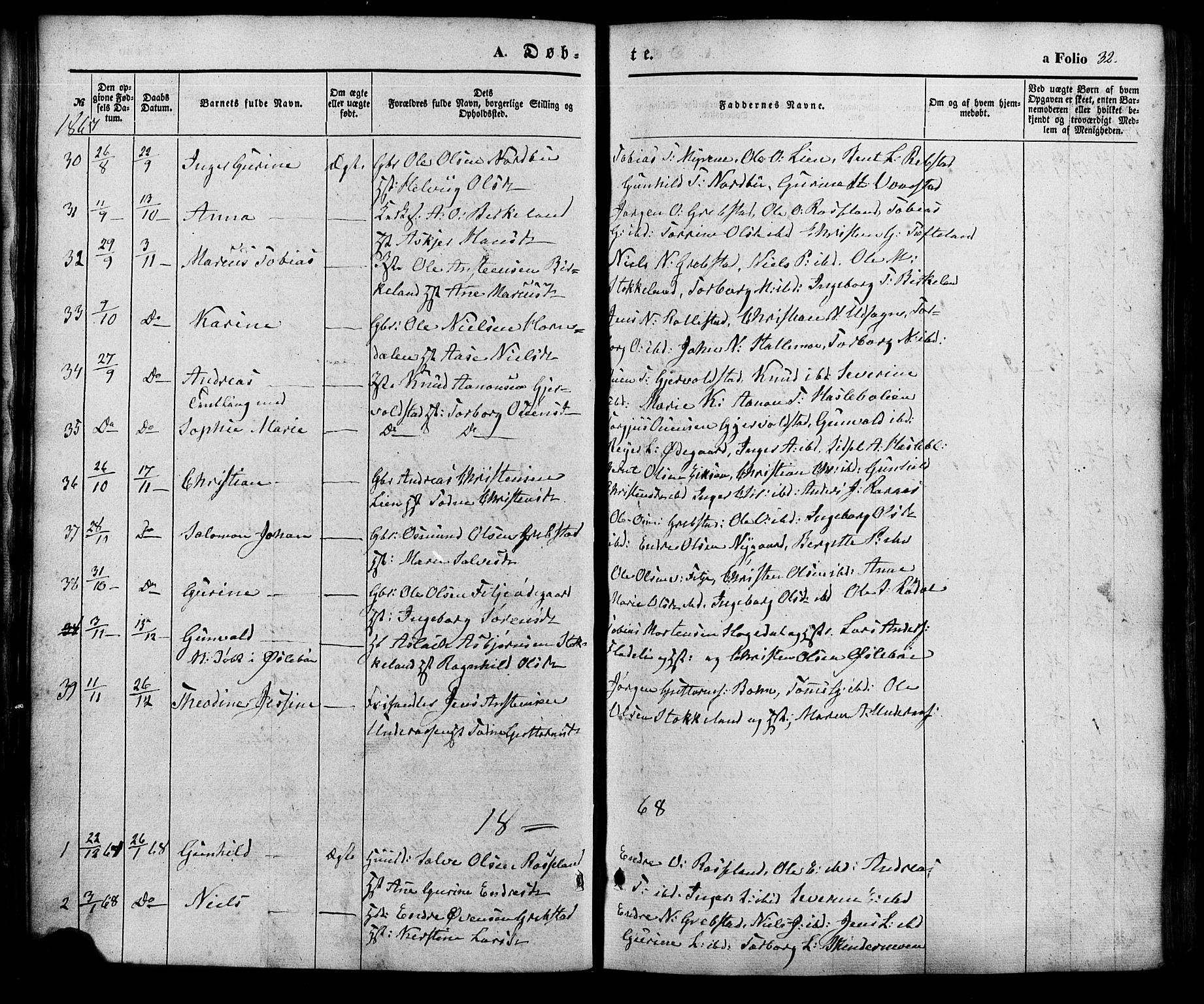 Søgne sokneprestkontor, SAK/1111-0037/F/Fa/Faa/L0002: Parish register (official) no. A 2, 1854-1882, p. 32