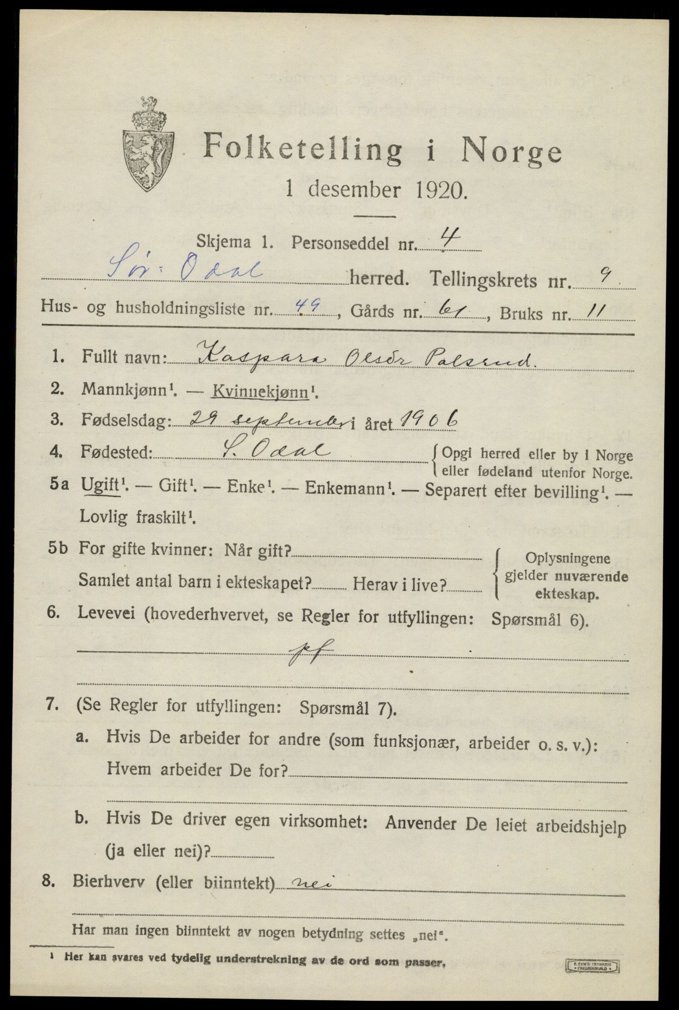 SAH, 1920 census for Sør-Odal, 1920, p. 11039