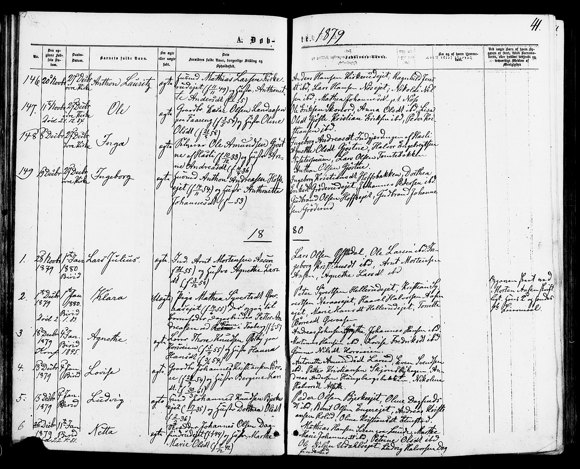 Biri prestekontor, SAH/PREST-096/H/Ha/Haa/L0006: Parish register (official) no. 6, 1877-1886, p. 41