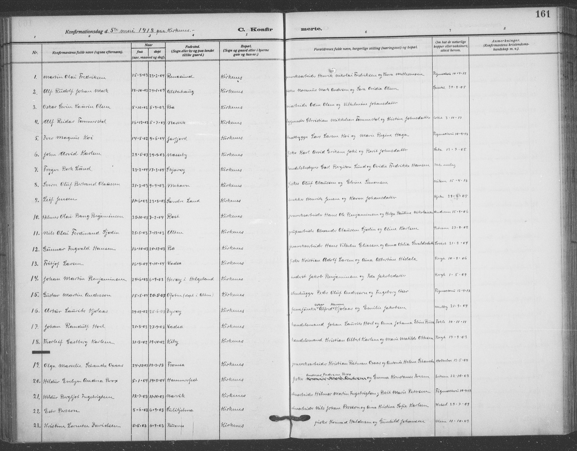 Sør-Varanger sokneprestkontor, AV/SATØ-S-1331/H/Ha/L0005kirke: Parish register (official) no. 5, 1909-1919, p. 161