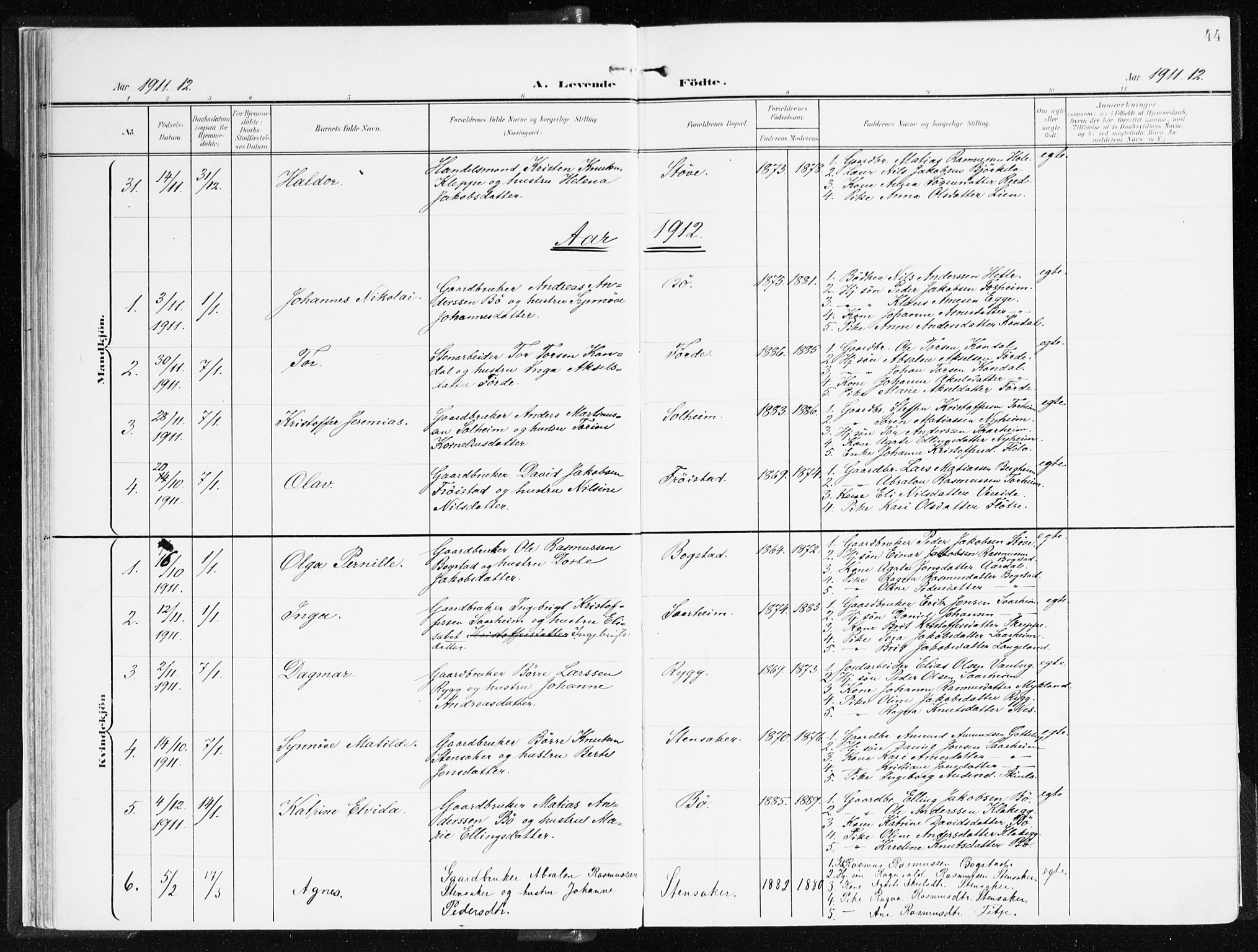 Gloppen sokneprestembete, SAB/A-80101/H/Haa/Haac/L0003: Parish register (official) no. C 3, 1904-1921, p. 44