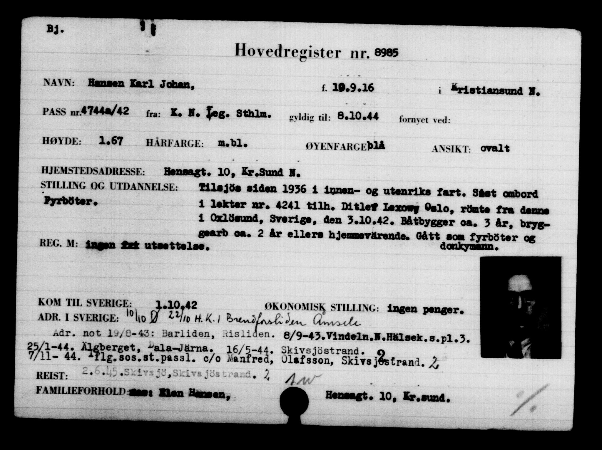 Utenriksstasjonene, Legasjonen i Stockholm, Flyktningkontoret, AV/RA-S-6753/V/Va/L0005: Kjesäterkartoteket, flyktninger med registreringsnr. 6600-9417, 1940-1945, p. 2801