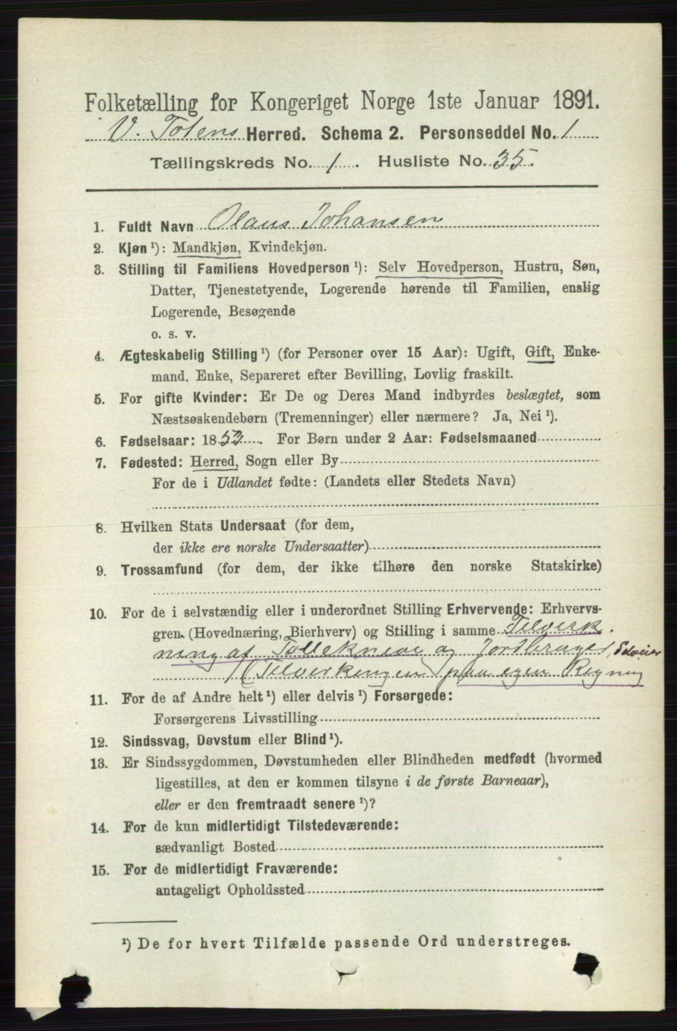 RA, 1891 census for 0529 Vestre Toten, 1891, p. 403