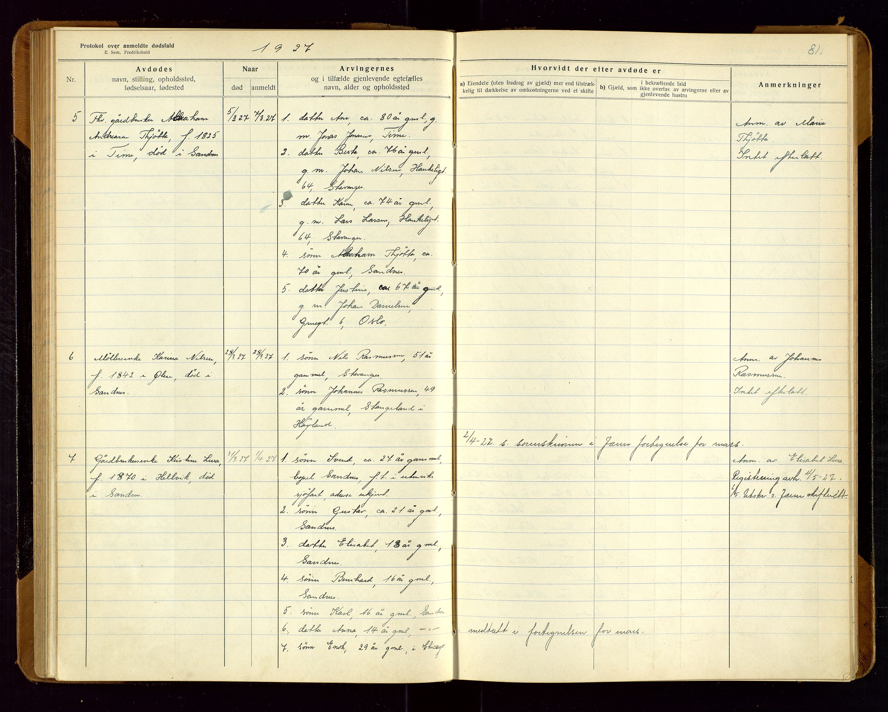 Sandnes lensmannskontor, SAST/A-100167/Gga/L0001: "Protokol over anmeldte dødsfald" m/register, 1918-1940, p. 81