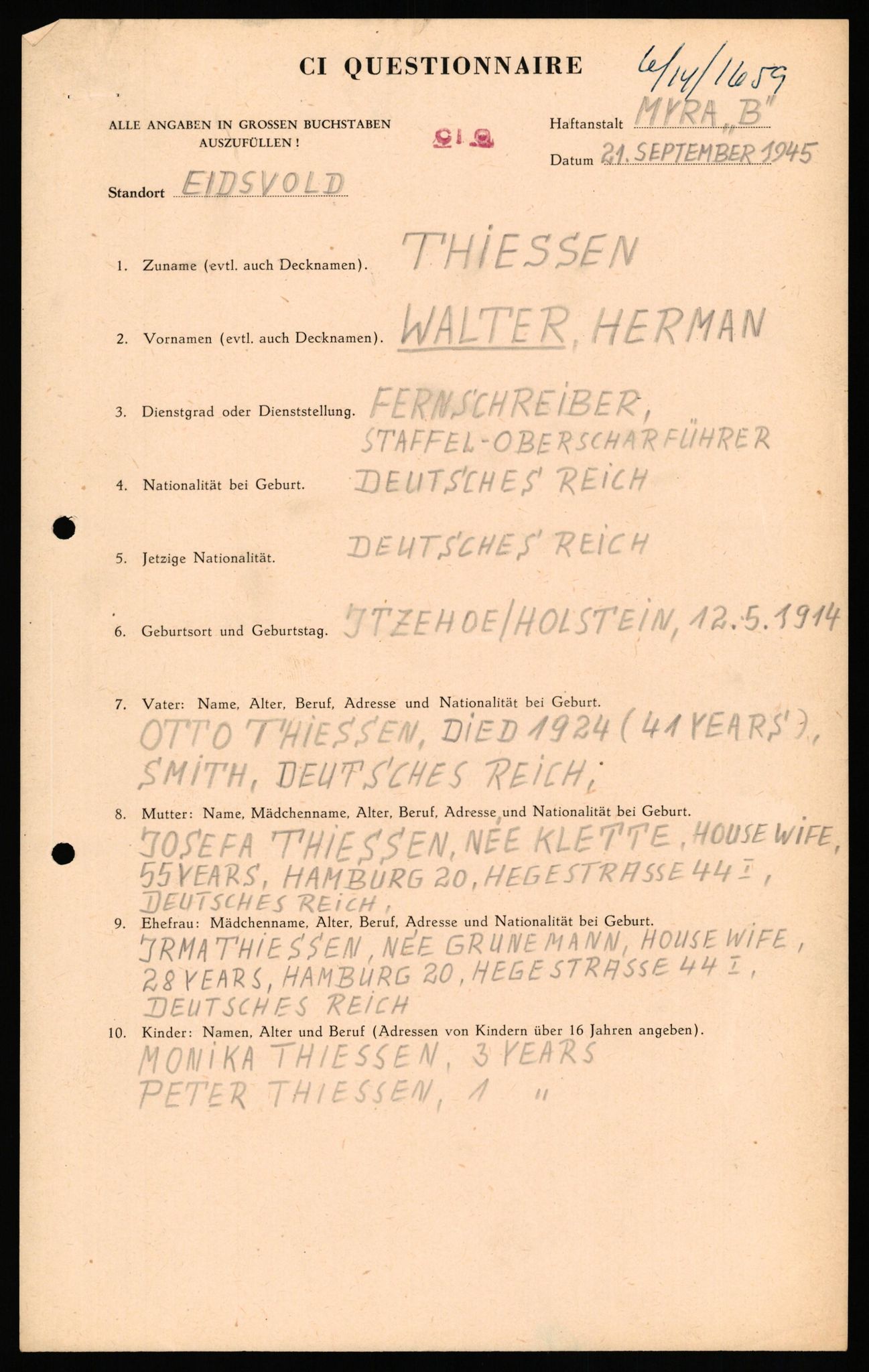 Forsvaret, Forsvarets overkommando II, AV/RA-RAFA-3915/D/Db/L0033: CI Questionaires. Tyske okkupasjonsstyrker i Norge. Tyskere., 1945-1946, p. 464