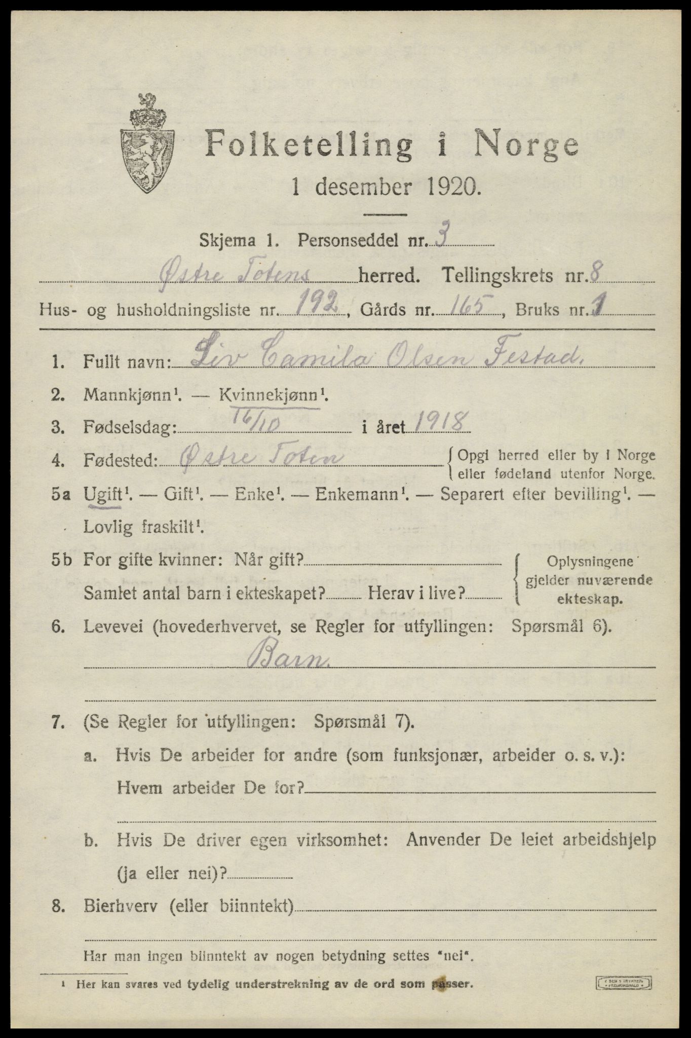 SAH, 1920 census for Østre Toten, 1920, p. 17794