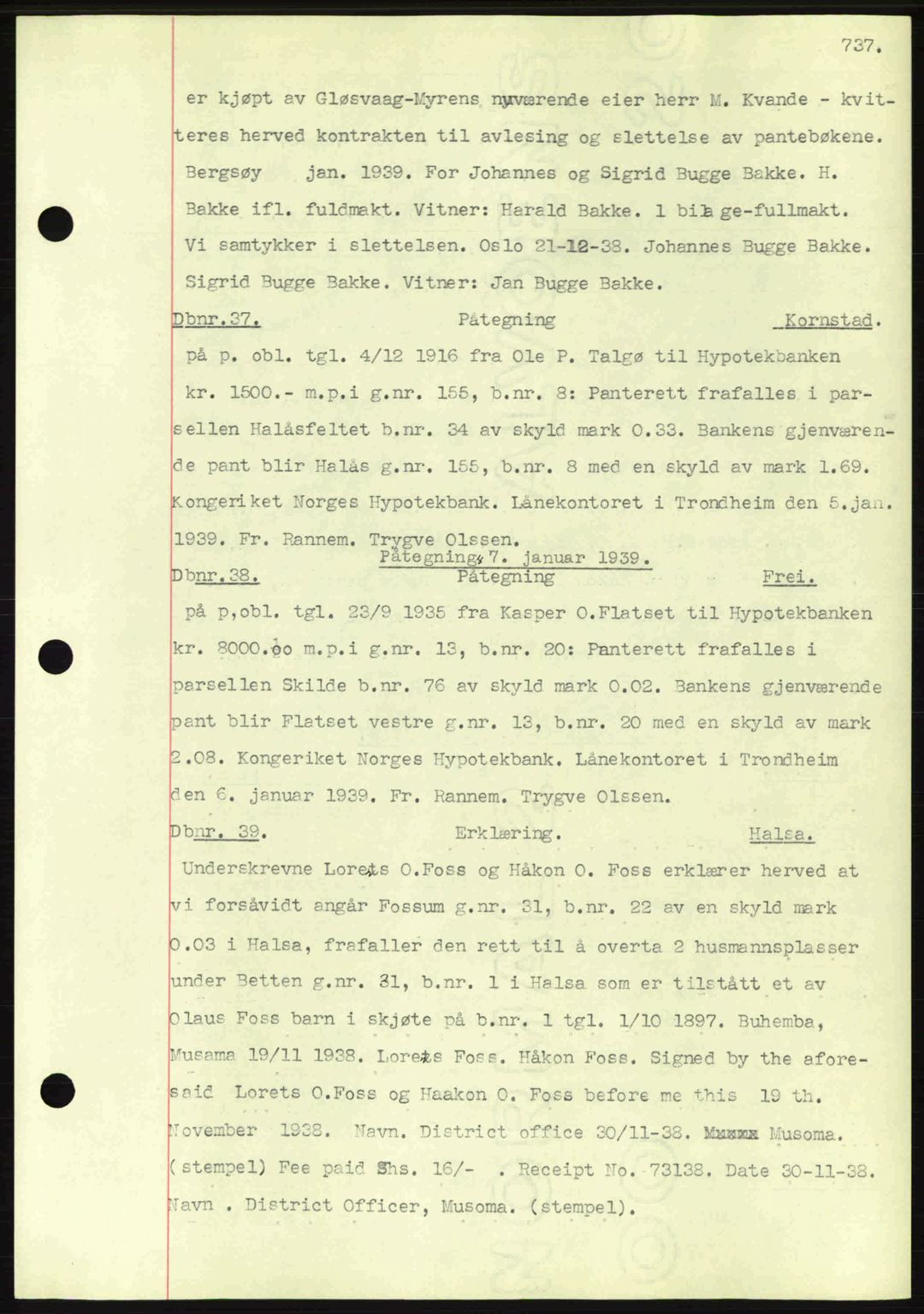 Nordmøre sorenskriveri, AV/SAT-A-4132/1/2/2Ca: Mortgage book no. C80, 1936-1939, Diary no: : 37/1939