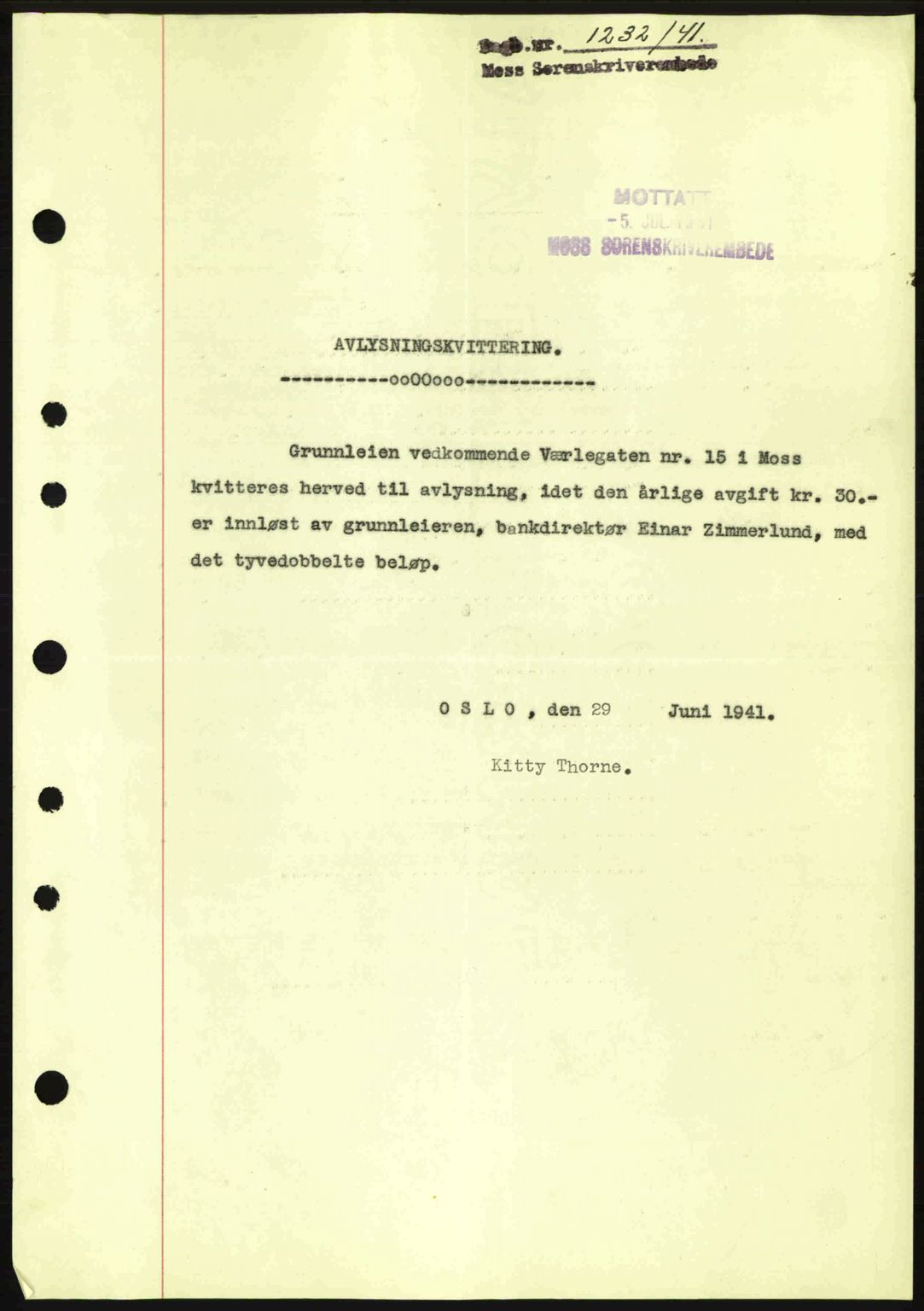 Moss sorenskriveri, SAO/A-10168: Mortgage book no. B10, 1940-1941, Diary no: : 1232/1941