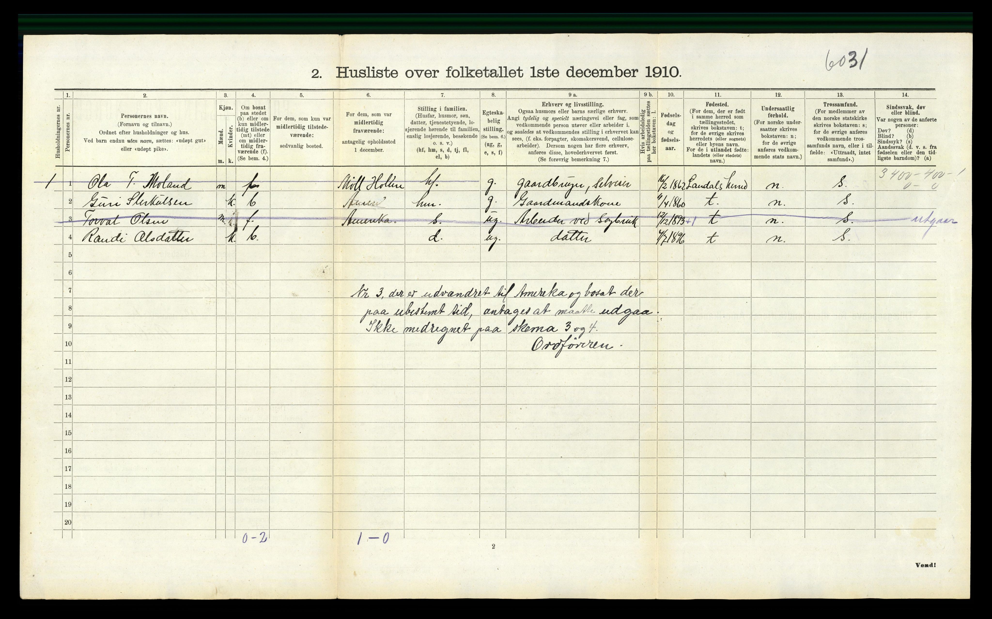 RA, 1910 census for Bjelland, 1910, p. 269