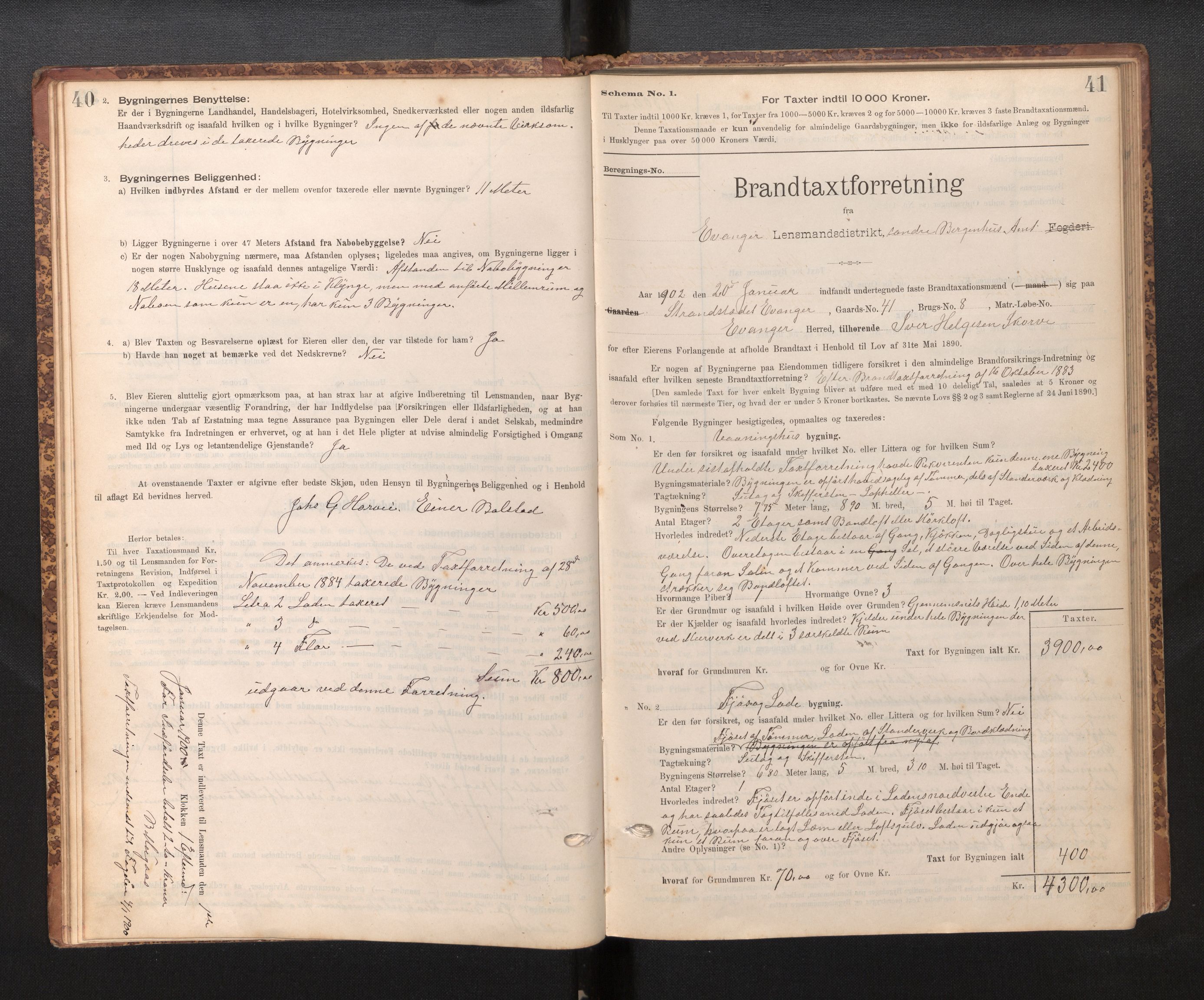 Lensmannen i Evanger, SAB/A-31701/0012/L0005: Branntakstprotokoll, skjematakst, 1895-1935, p. 40-41