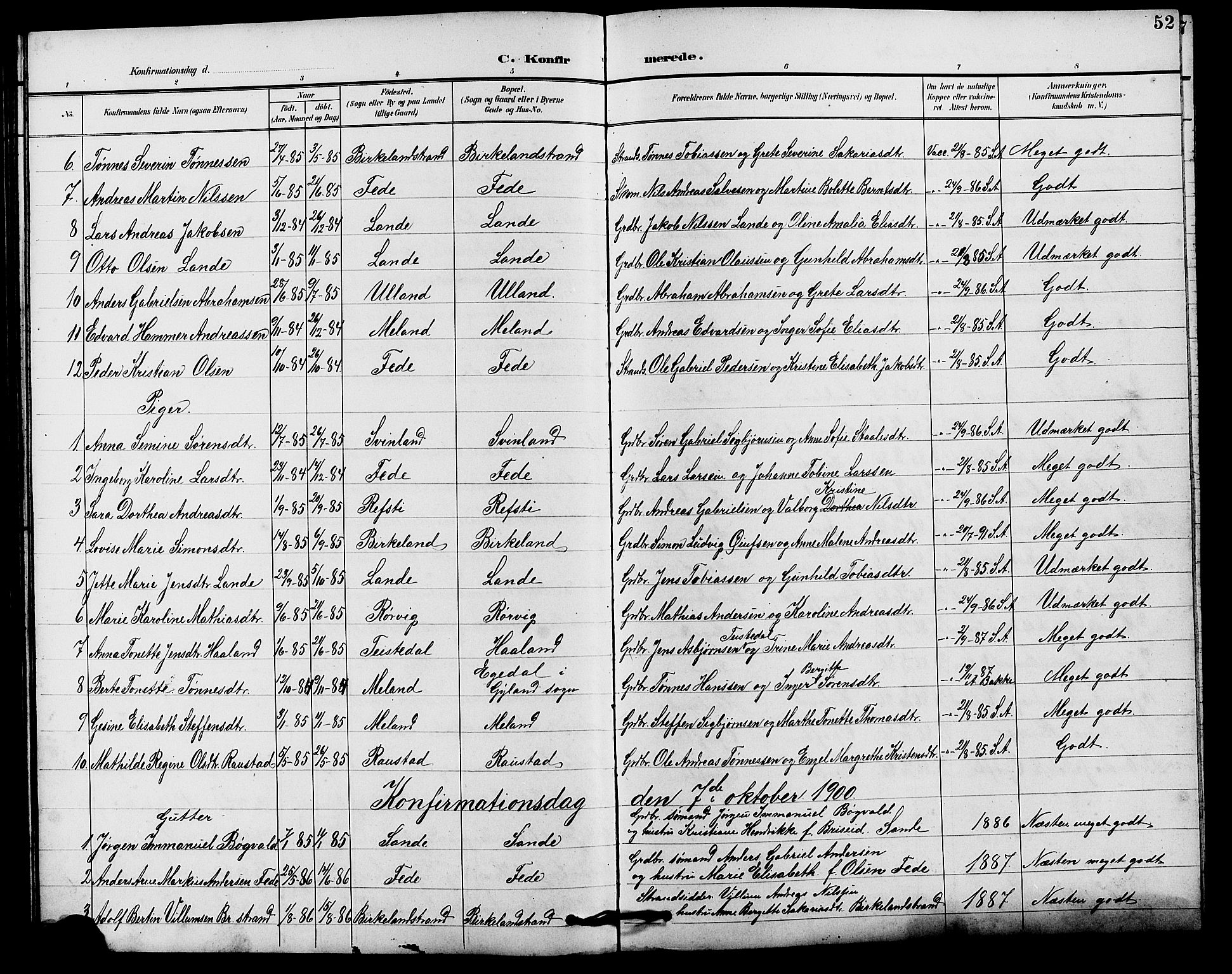 Kvinesdal sokneprestkontor, AV/SAK-1111-0026/F/Fb/Fba/L0004: Parish register (copy) no. B 4, 1894-1909, p. 52