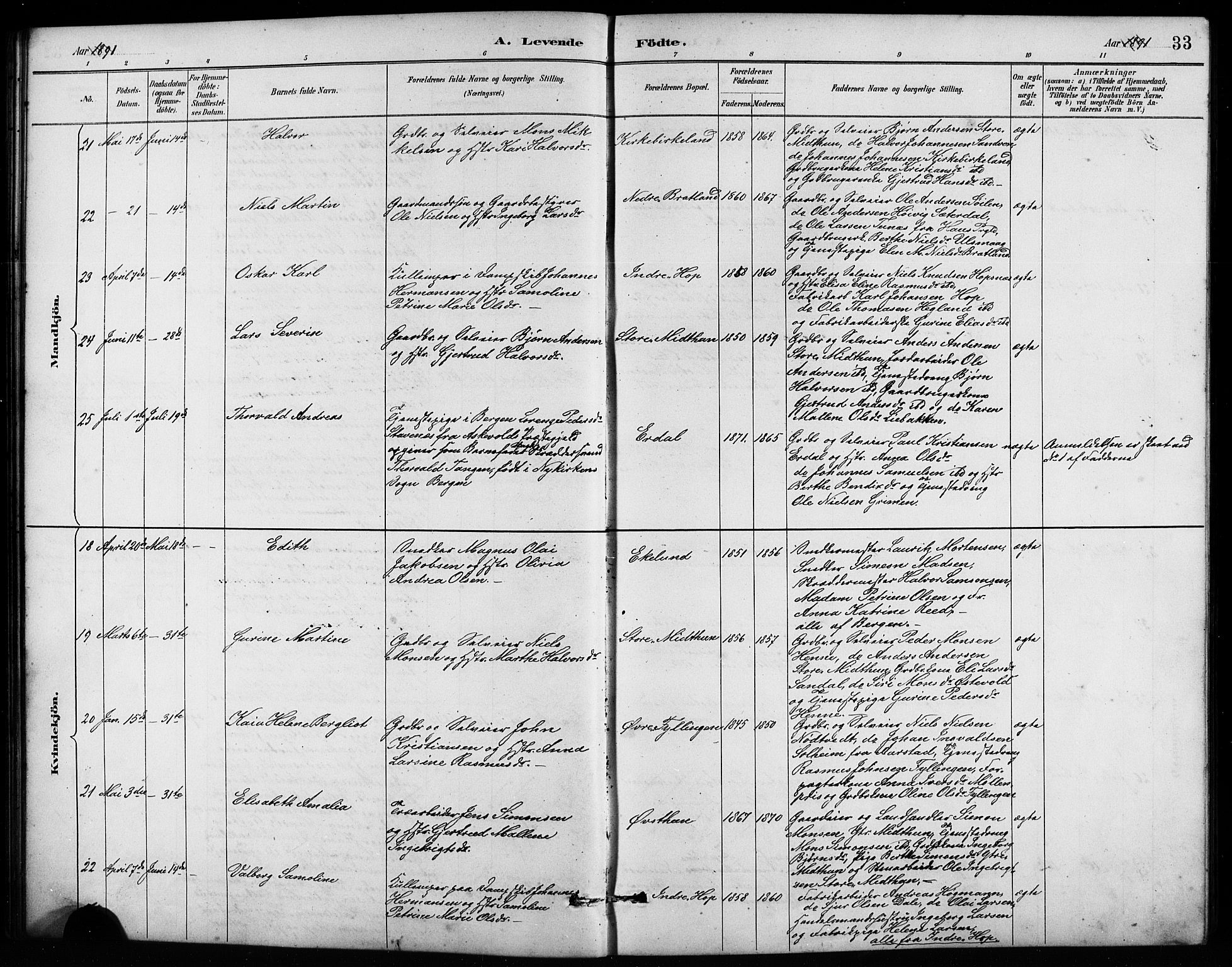 Birkeland Sokneprestembete, SAB/A-74601/H/Hab: Parish register (copy) no. A 4, 1888-1897, p. 33