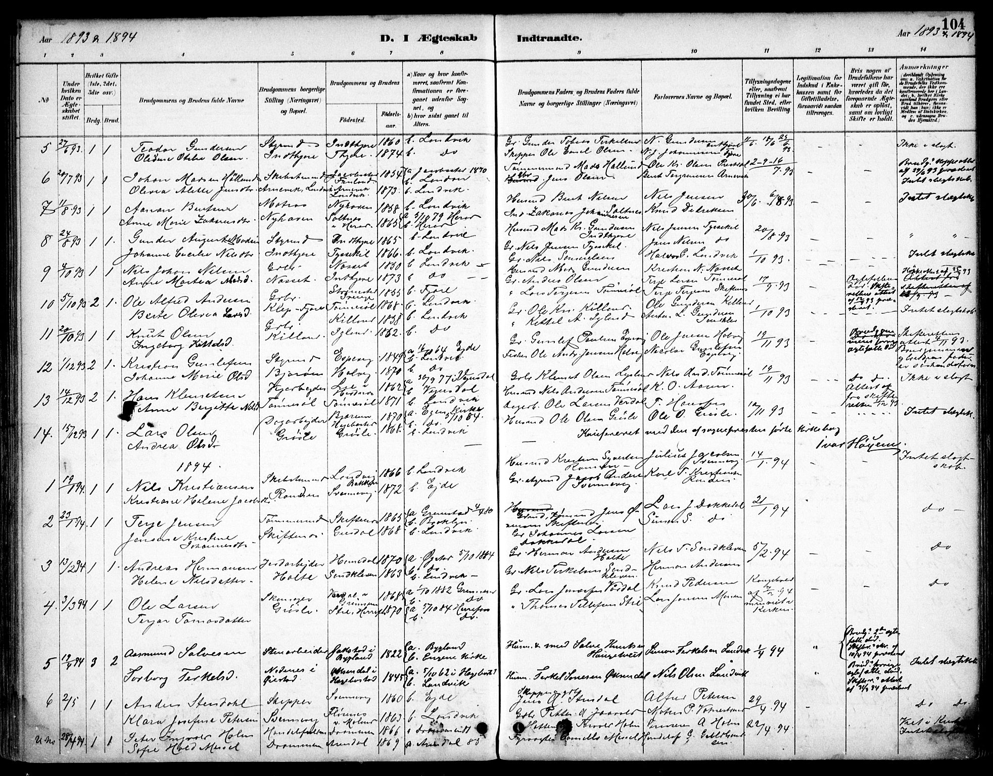 Hommedal sokneprestkontor, AV/SAK-1111-0023/F/Fb/Fbb/L0007: Parish register (copy) no. B 7, 1885-1904, p. 104