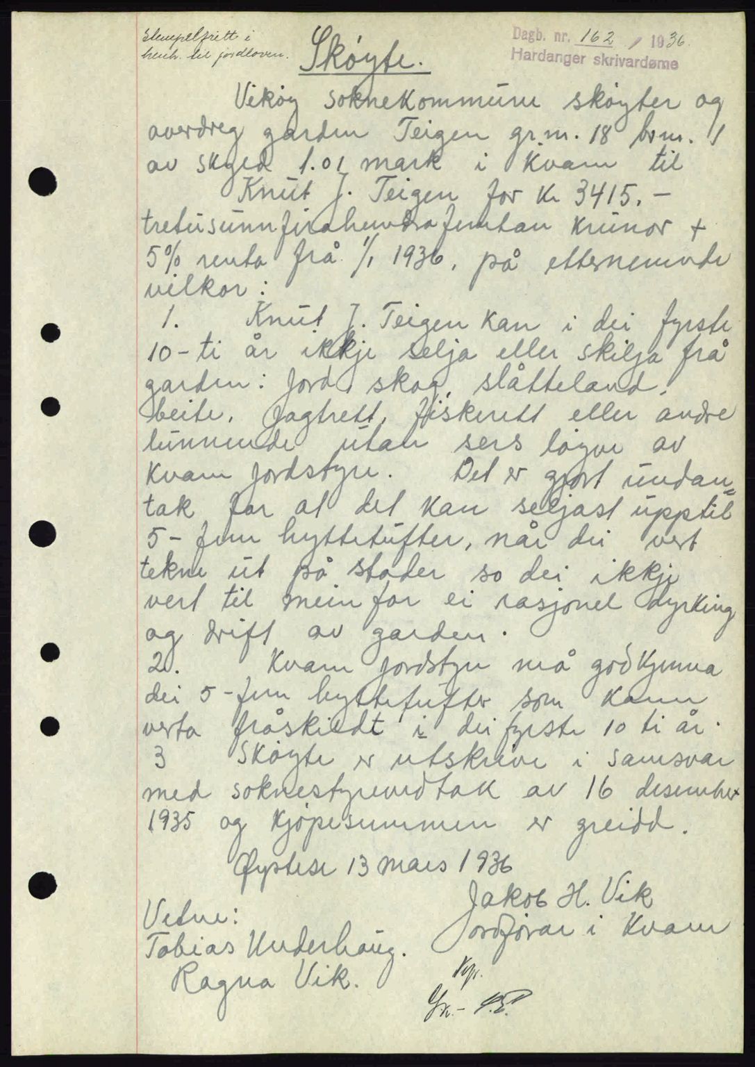 Hardanger sorenskriver, AV/SAB-A-2101/G/Ge/Gec/L0001: Mortgage book no. A1, 1936-1936, Diary no: : 162/1936