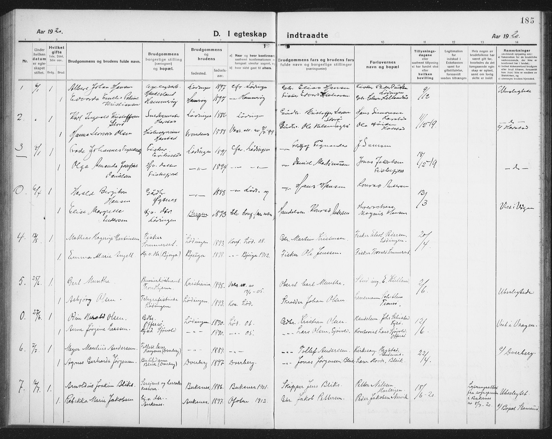 Ministerialprotokoller, klokkerbøker og fødselsregistre - Nordland, AV/SAT-A-1459/872/L1049: Parish register (copy) no. 872C05, 1920-1938, p. 185