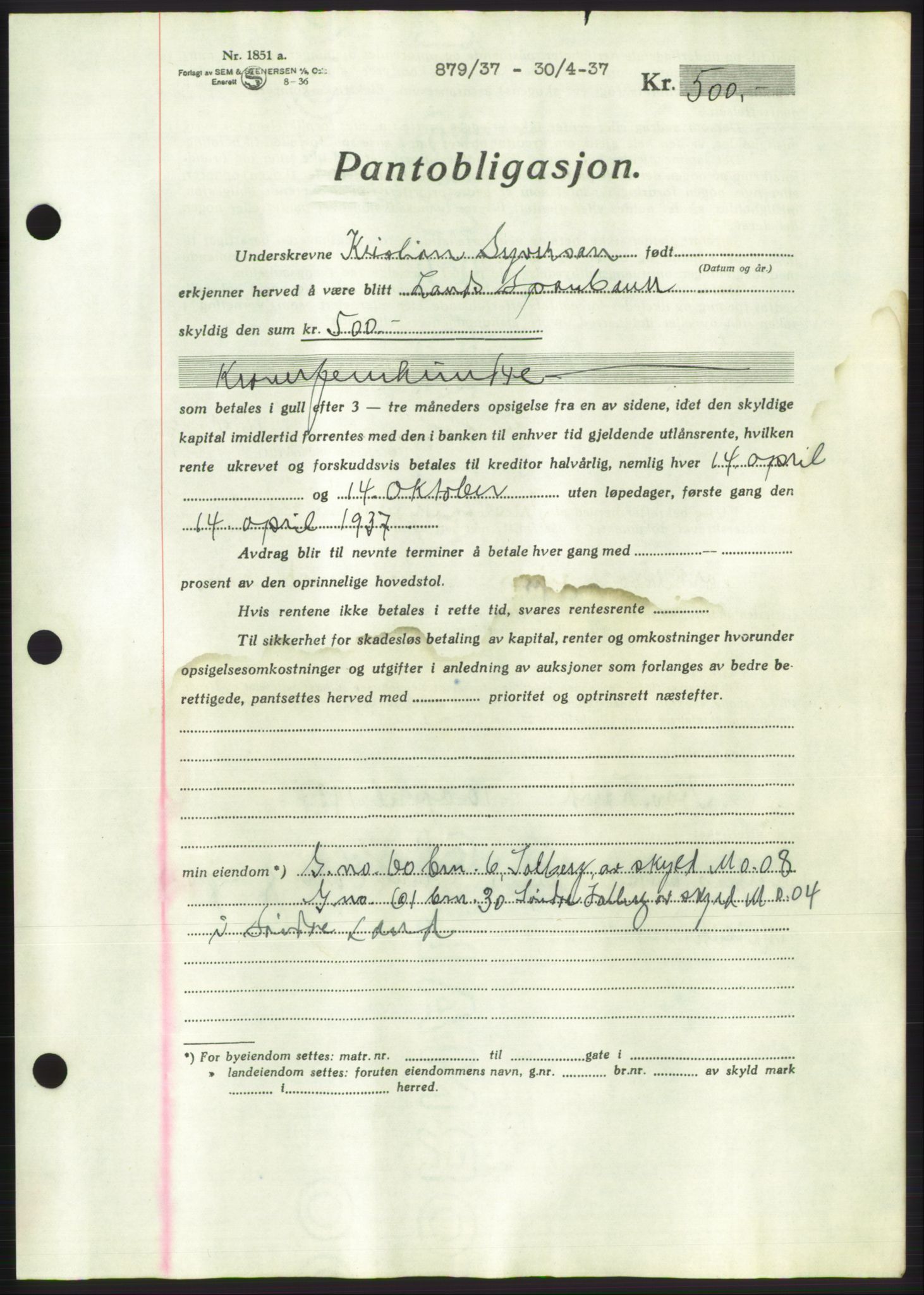 Hadeland og Land tingrett, AV/SAH-TING-010/H/Hb/Hbc/L0002: Mortgage book no. B2, 1936-1937, Diary no: : 879/1937