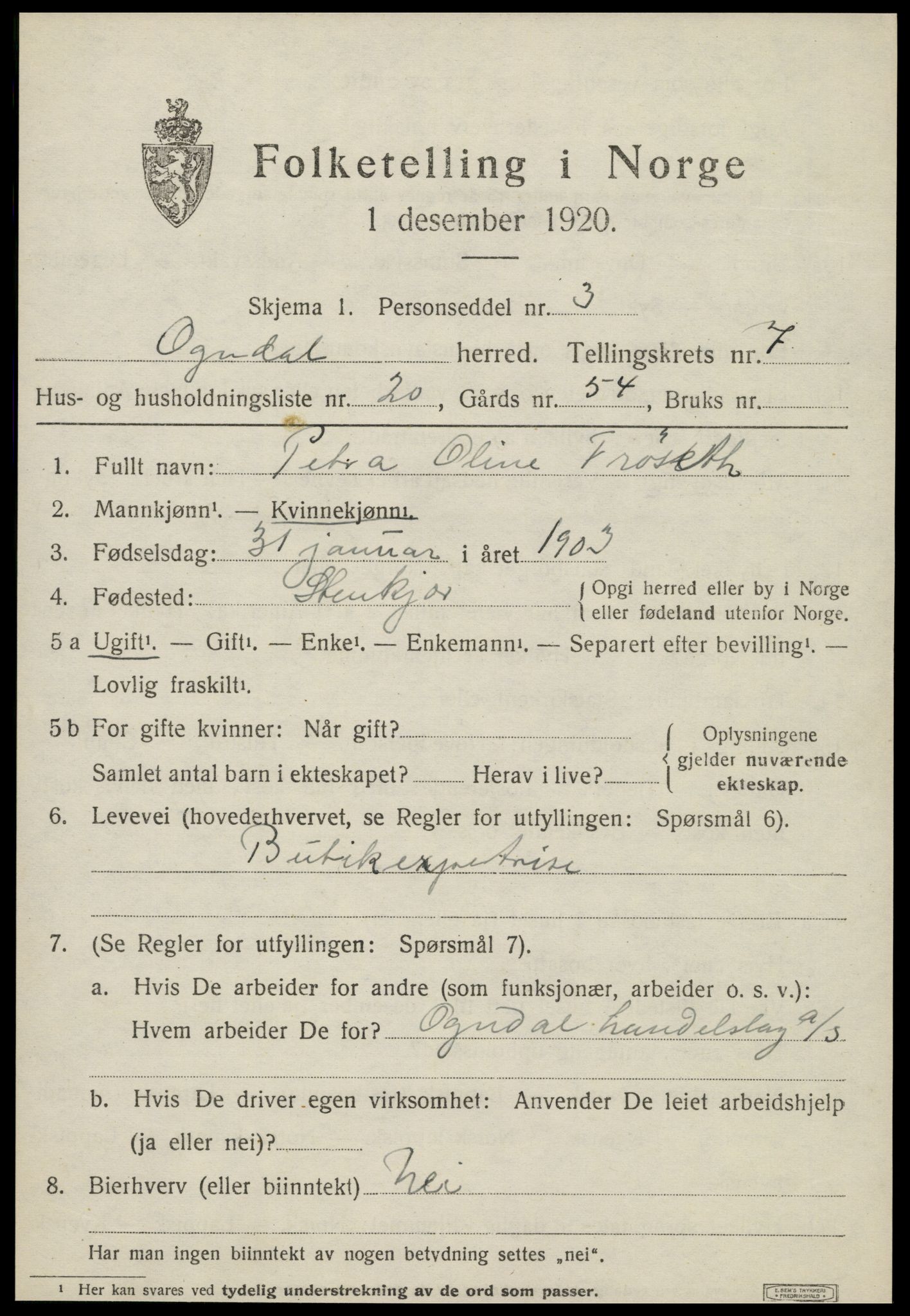 SAT, 1920 census for Ogndal, 1920, p. 2955