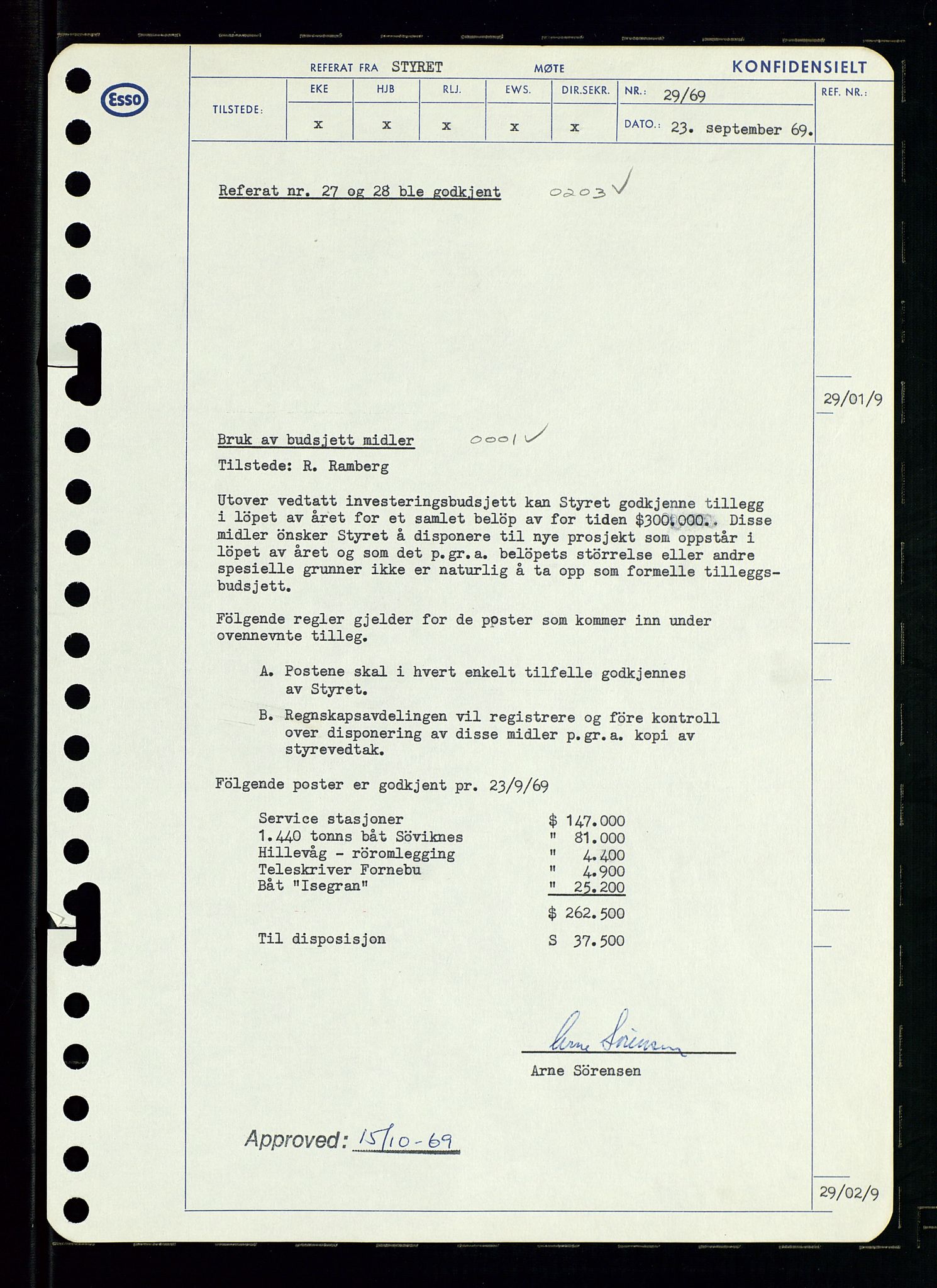 Pa 0982 - Esso Norge A/S, AV/SAST-A-100448/A/Aa/L0003/0001: Den administrerende direksjon Board minutes (styrereferater) og Bedriftforsamlingsprotokoll / Den administrerende direksjon Board minutes (styrereferater), 1969, p. 33