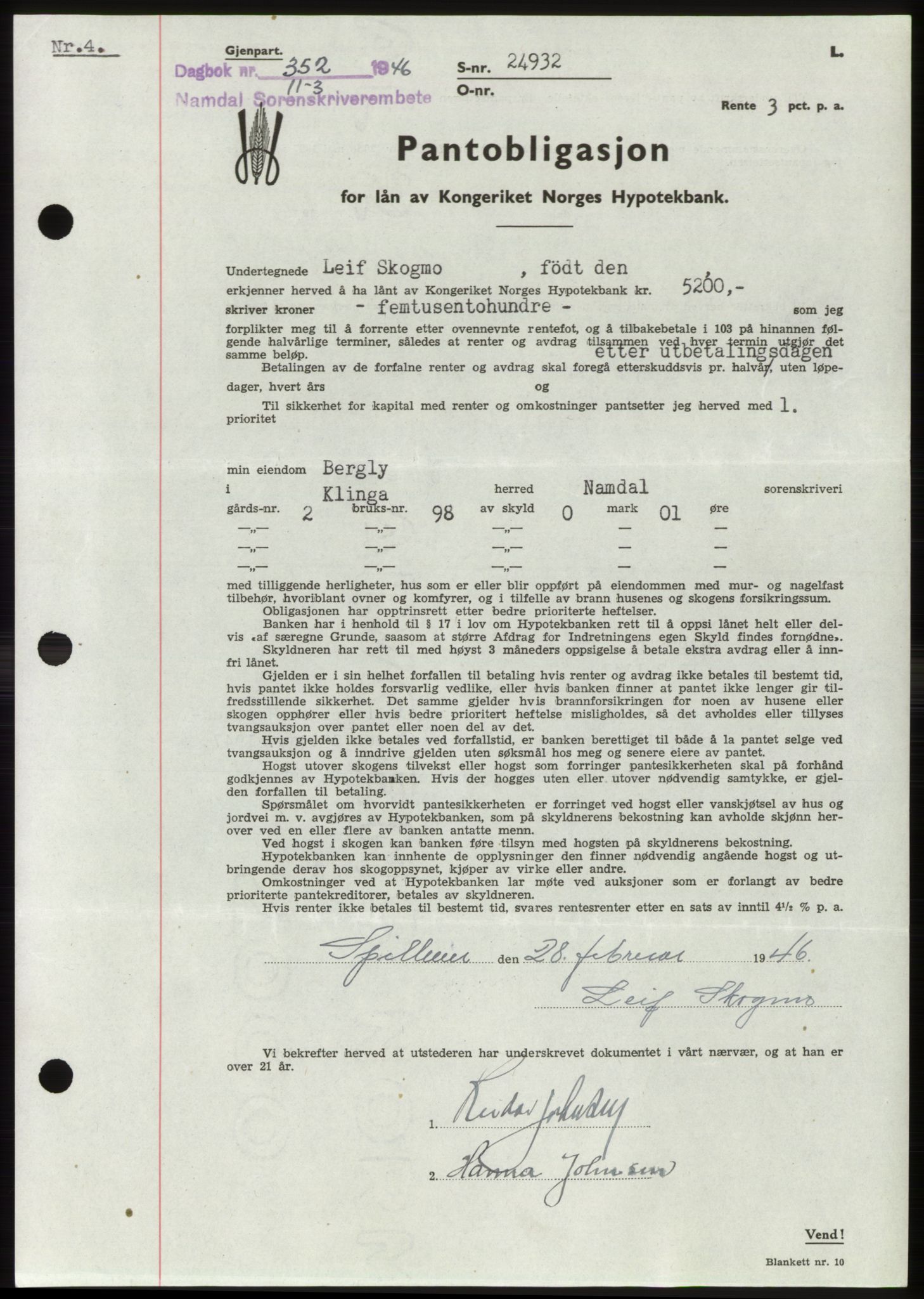 Namdal sorenskriveri, AV/SAT-A-4133/1/2/2C: Mortgage book no. -, 1946-1946, Diary no: : 352/1946