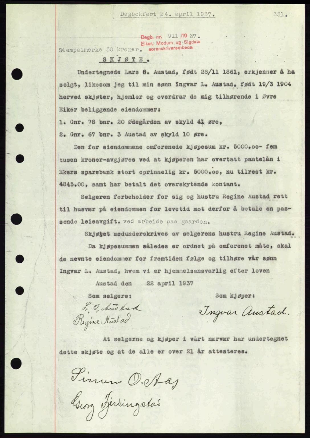 Eiker, Modum og Sigdal sorenskriveri, SAKO/A-123/G/Ga/Gab/L0035: Mortgage book no. A5, 1937-1937, Diary no: : 911/1937