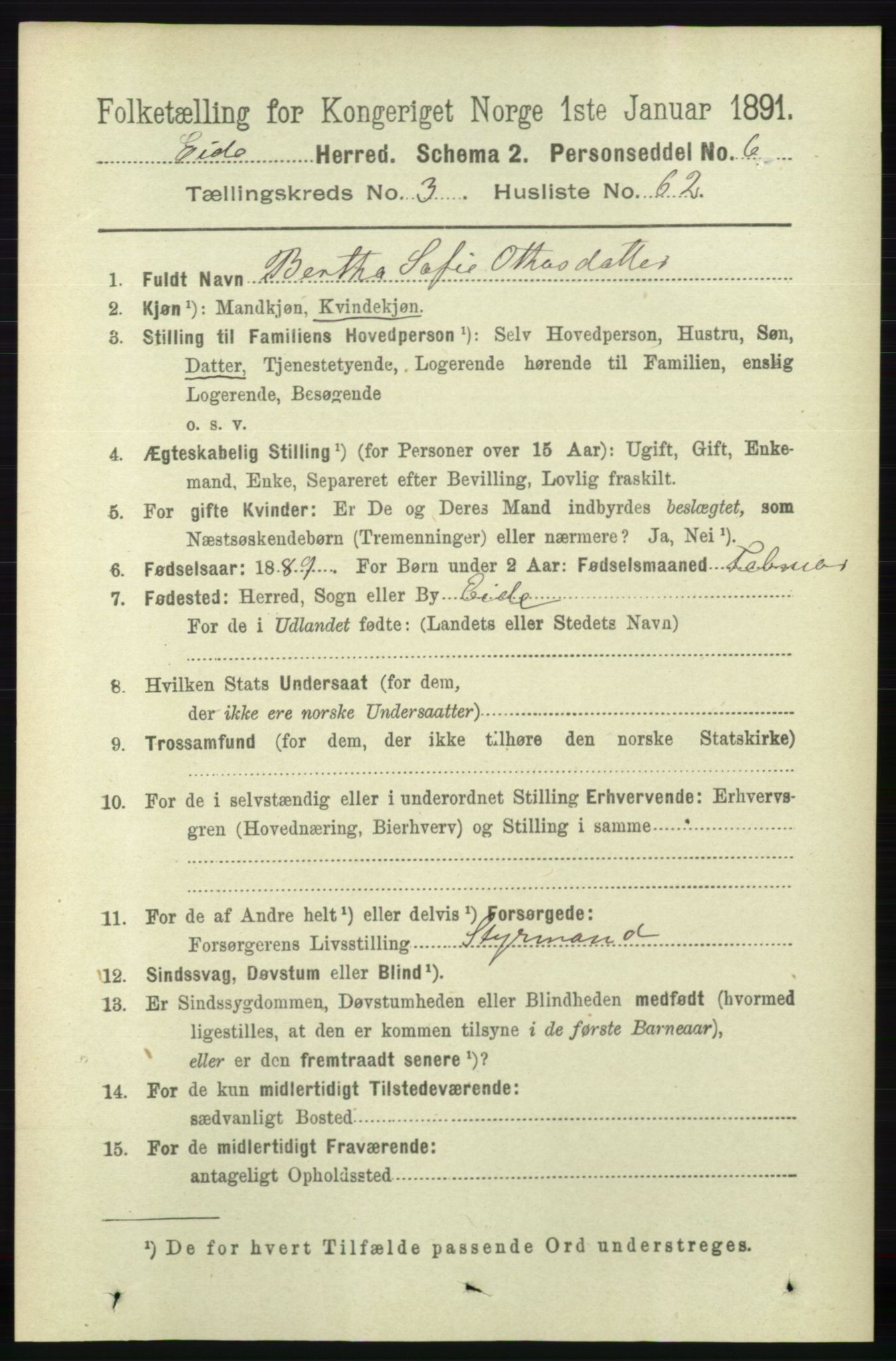 RA, 1891 census for 0925 Eide, 1891, p. 1032