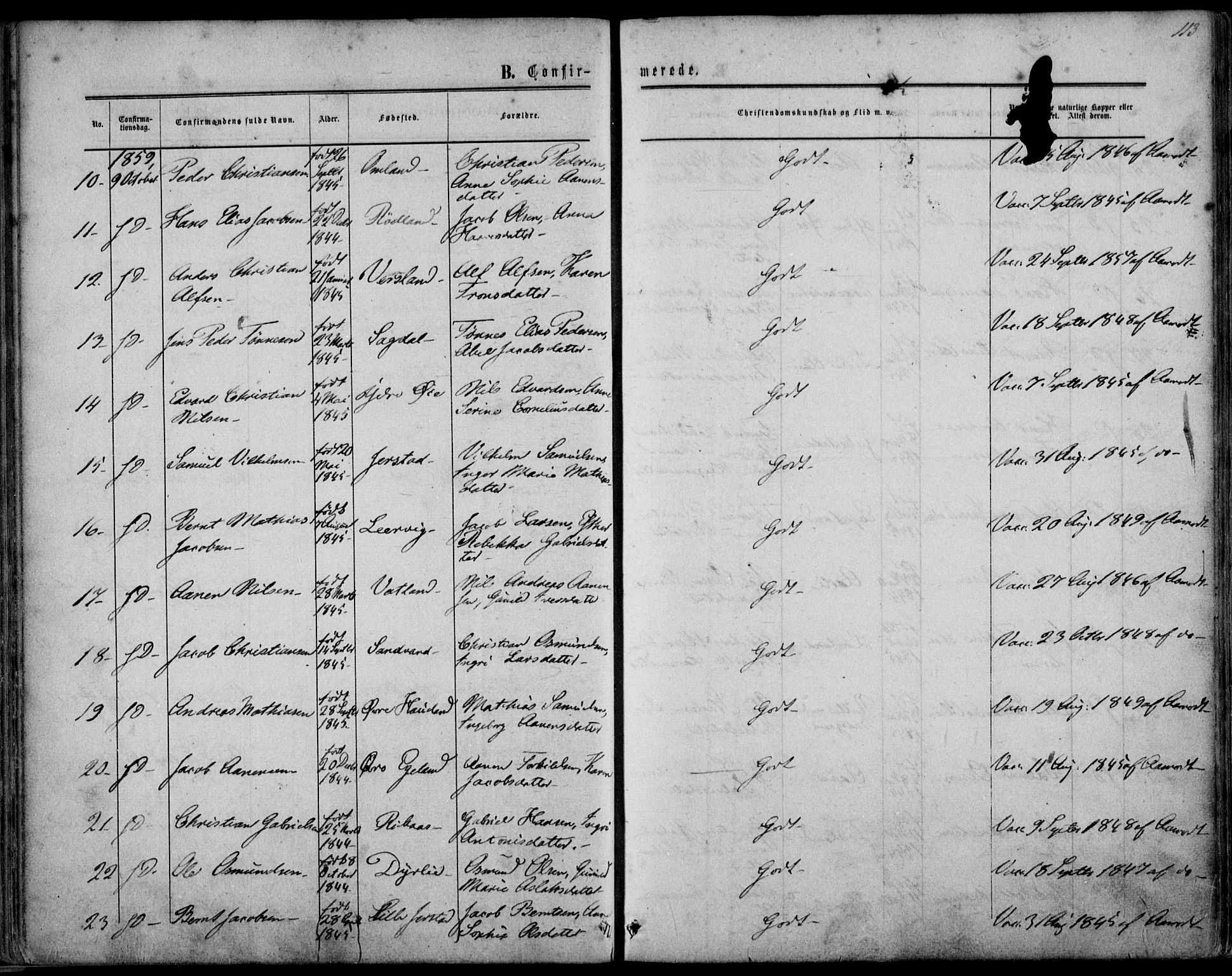 Kvinesdal sokneprestkontor, AV/SAK-1111-0026/F/Fa/Fab/L0006: Parish register (official) no. A 6, 1857-1869, p. 113