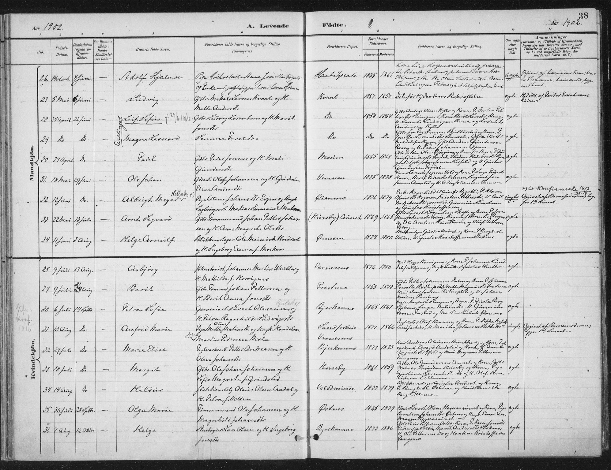 Ministerialprotokoller, klokkerbøker og fødselsregistre - Nord-Trøndelag, AV/SAT-A-1458/709/L0082: Parish register (official) no. 709A22, 1896-1916, p. 38