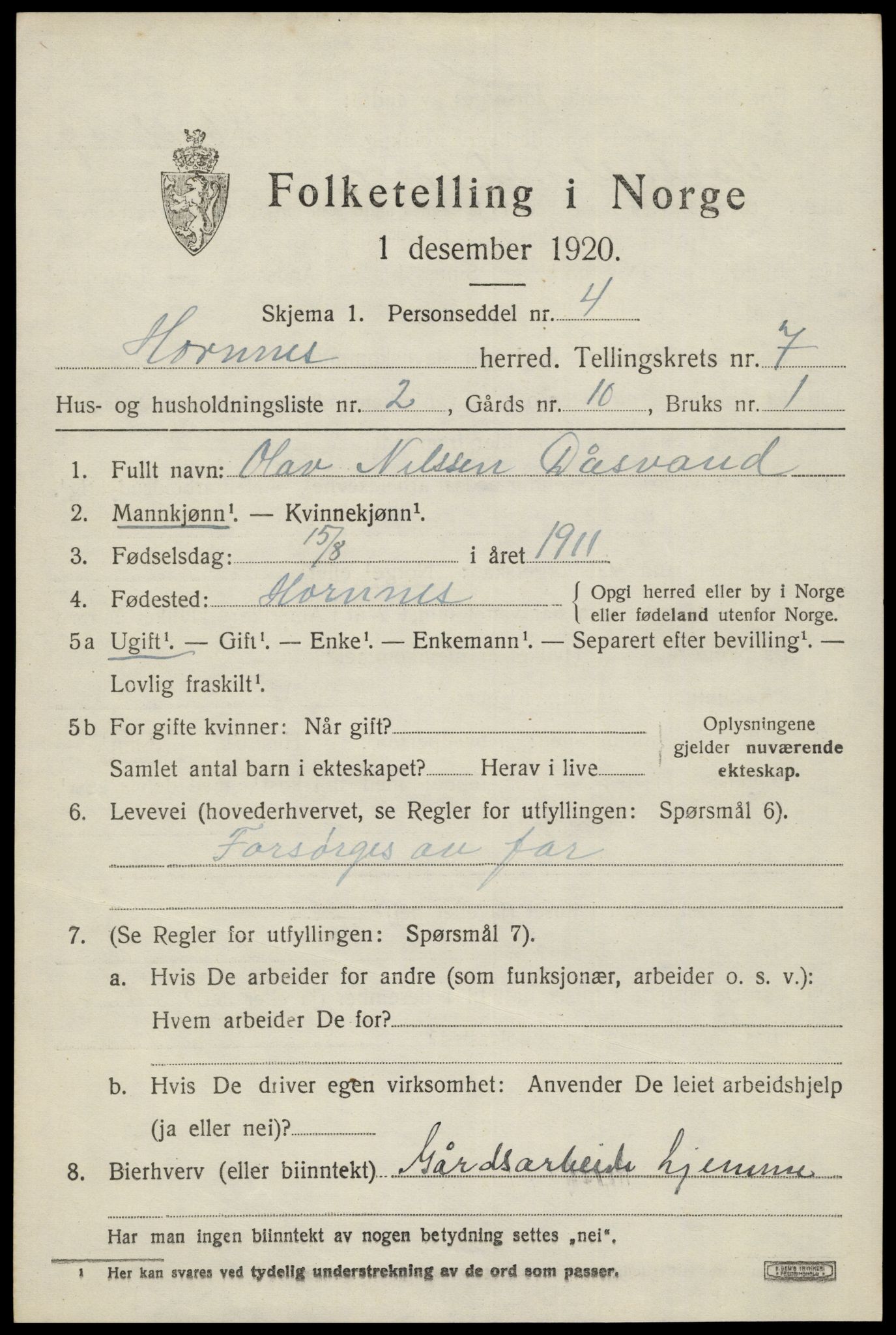SAK, 1920 census for Hornnes, 1920, p. 1673