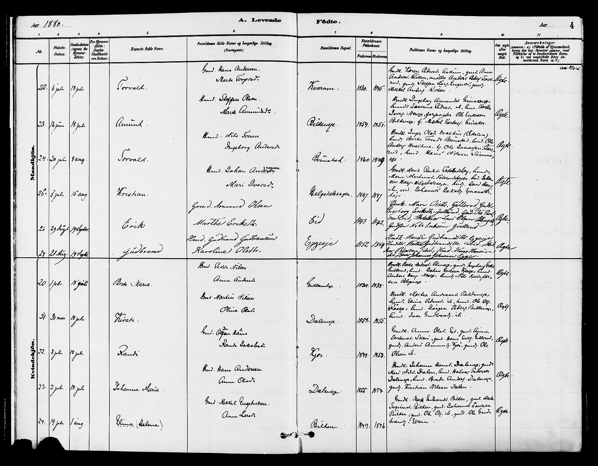 Gran prestekontor, SAH/PREST-112/H/Ha/Haa/L0015: Parish register (official) no. 15, 1880-1888, p. 4