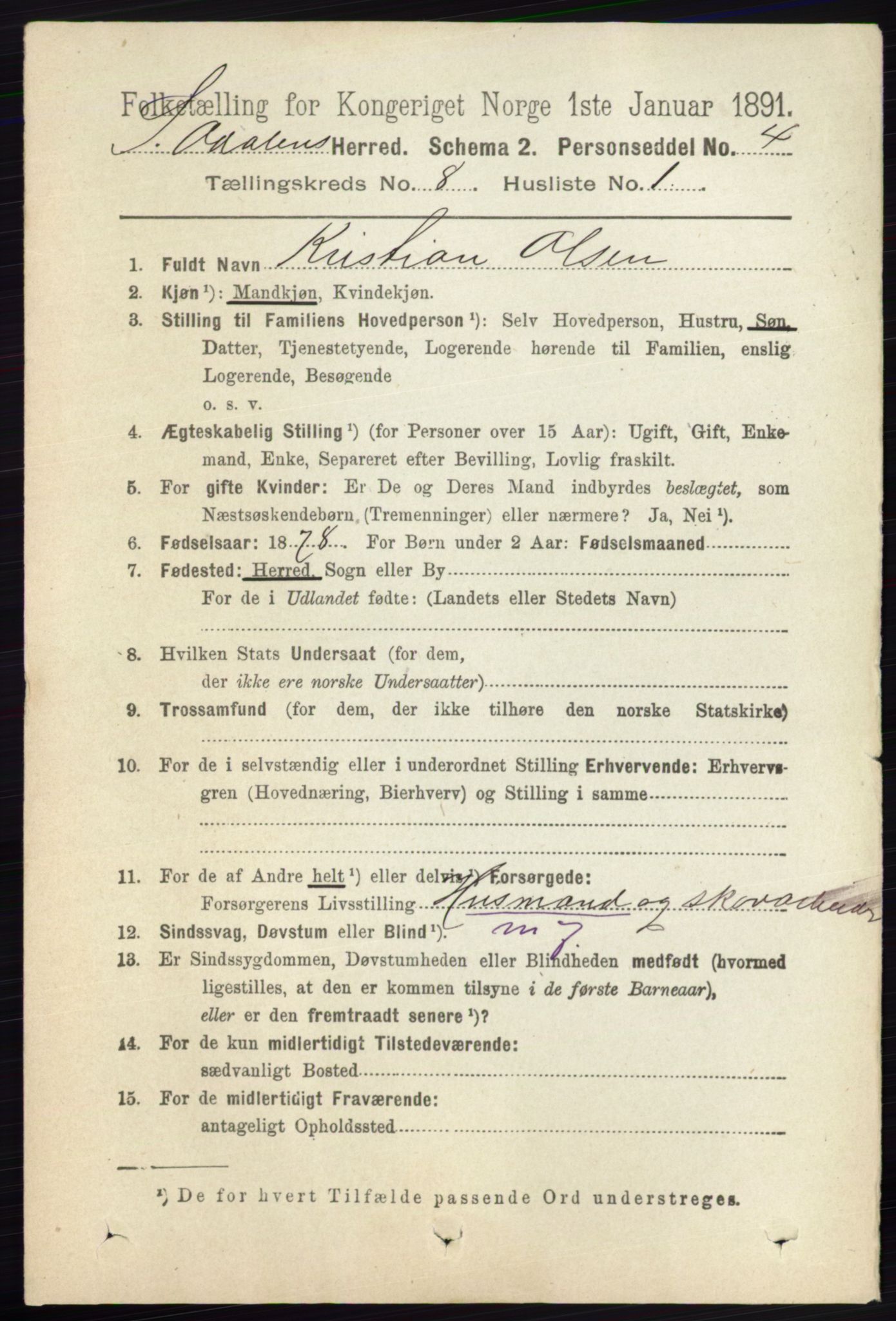 RA, 1891 census for 0419 Sør-Odal, 1891, p. 3980