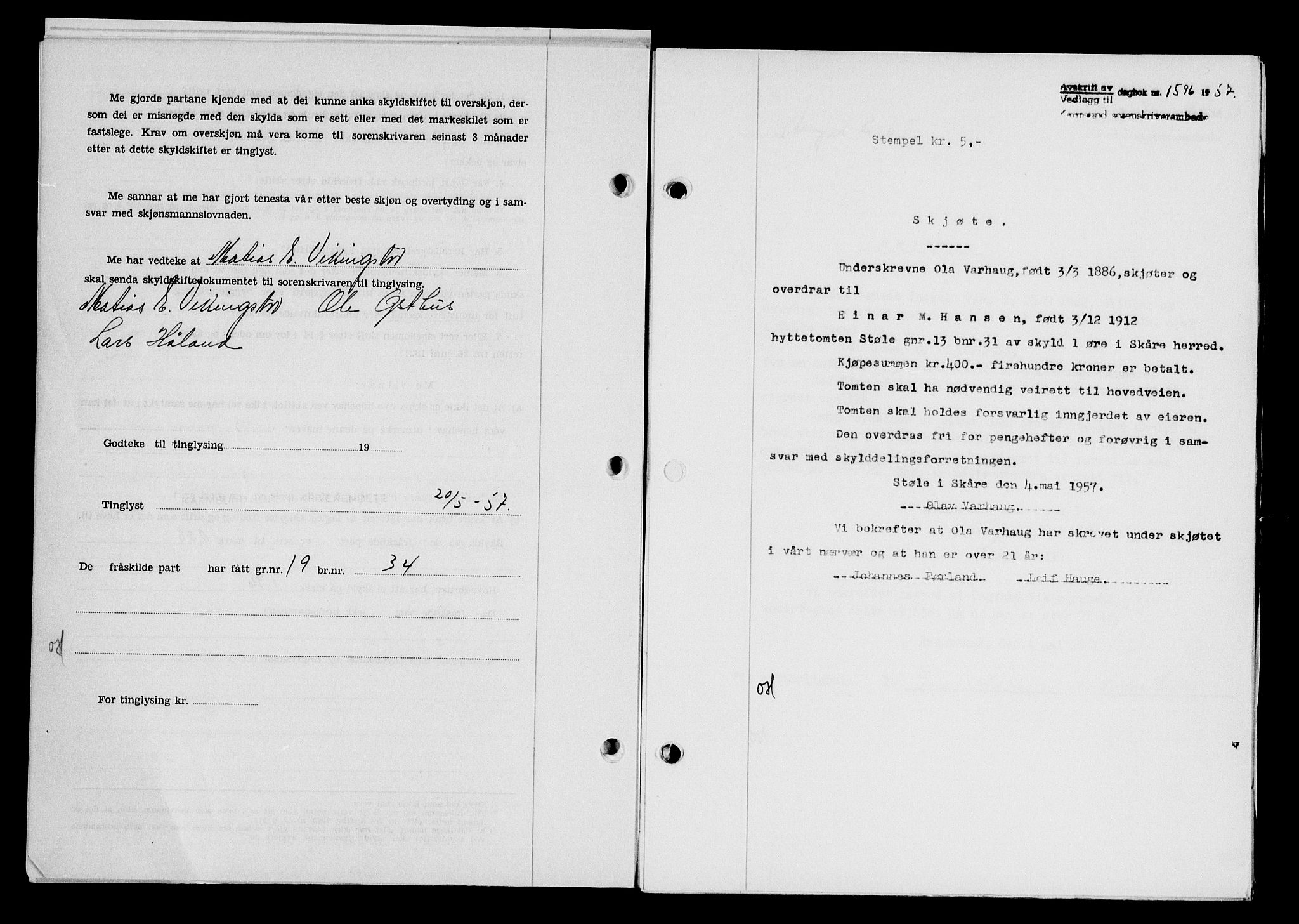 Karmsund sorenskriveri, AV/SAST-A-100311/01/II/IIB/L0125: Mortgage book no. 105A, 1957-1957, Diary no: : 1596/1957