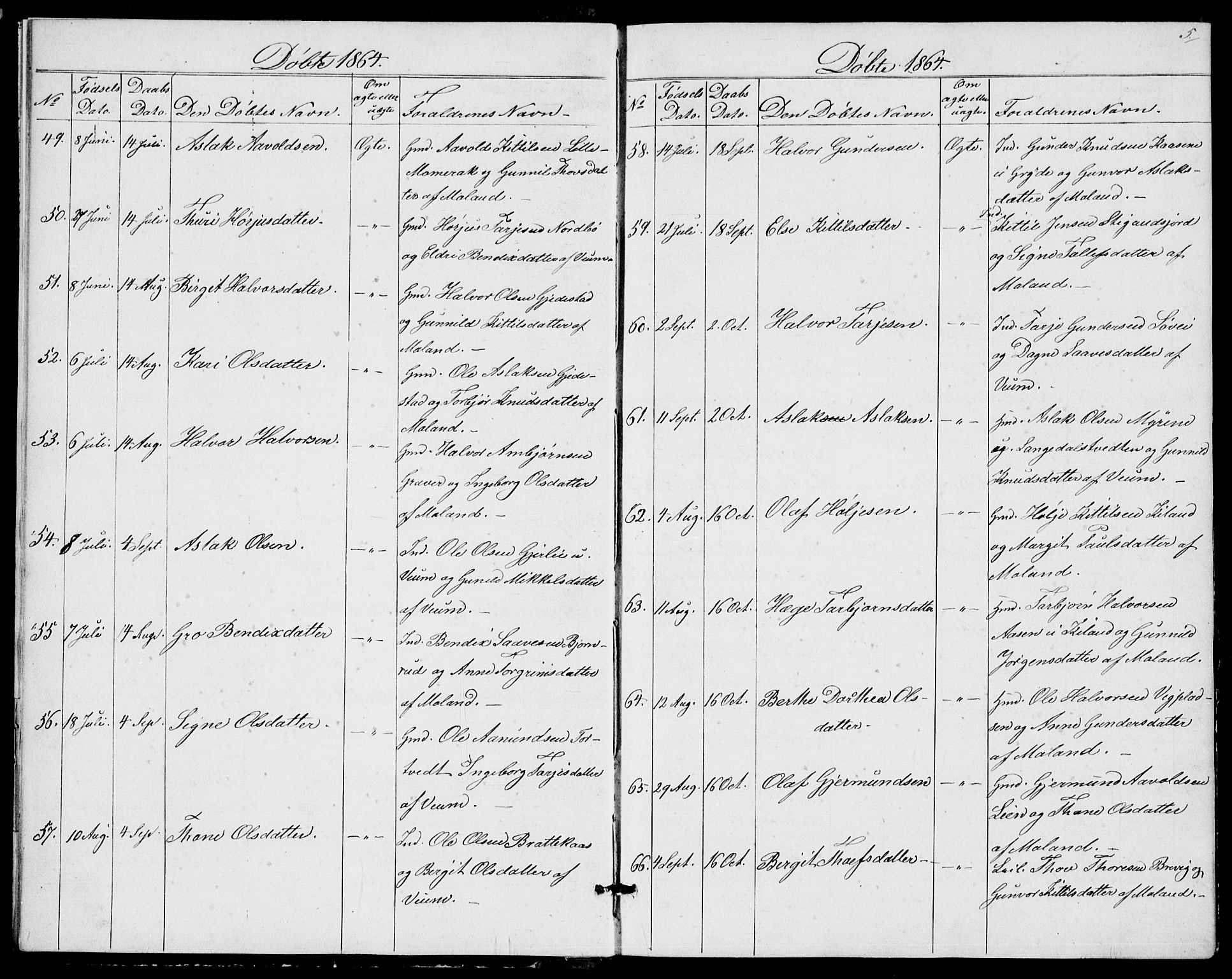 Fyresdal kirkebøker, SAKO/A-263/G/Ga/L0004: Parish register (copy) no. I 4, 1864-1892, p. 5
