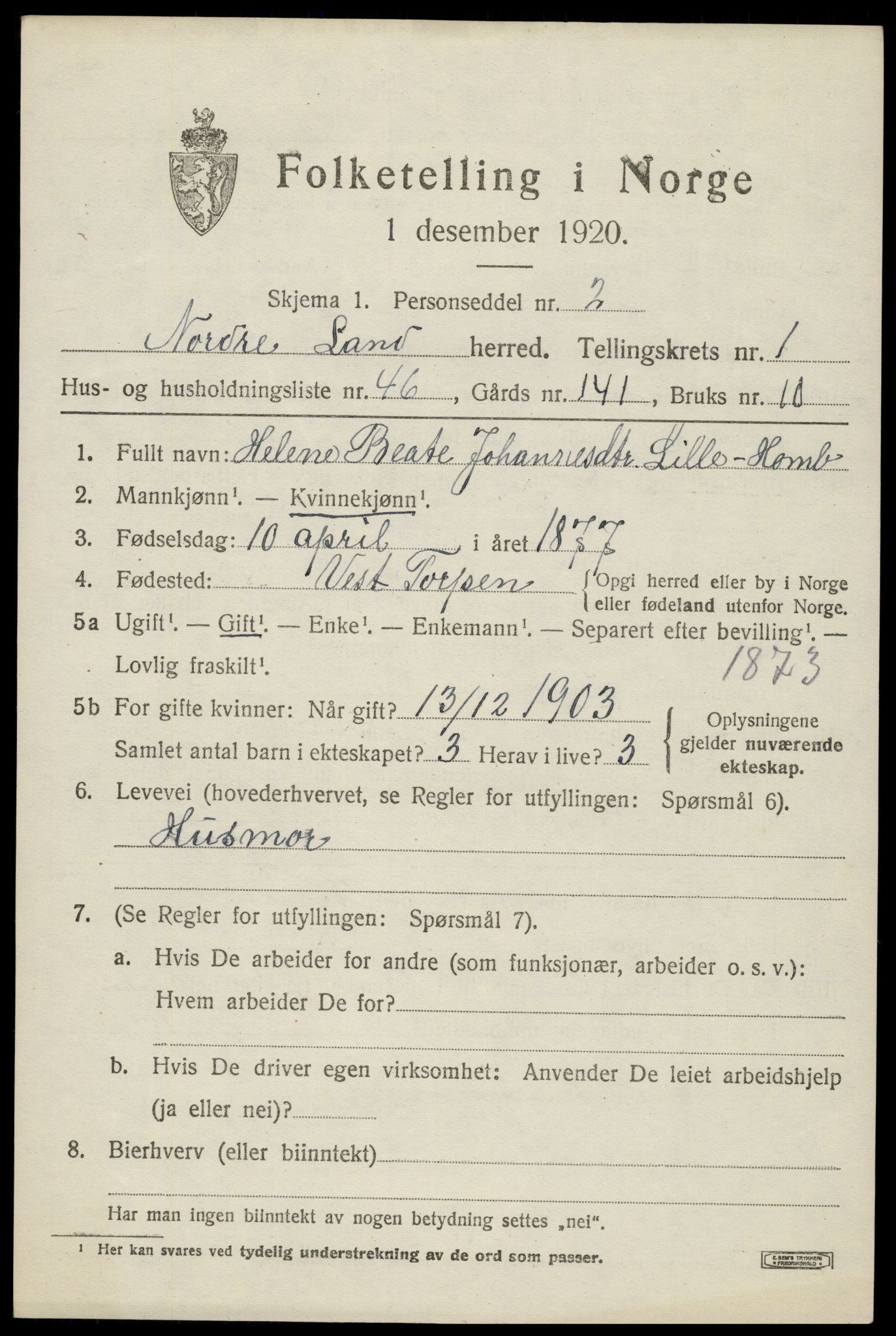 SAH, 1920 census for Nordre Land, 1920, p. 1640