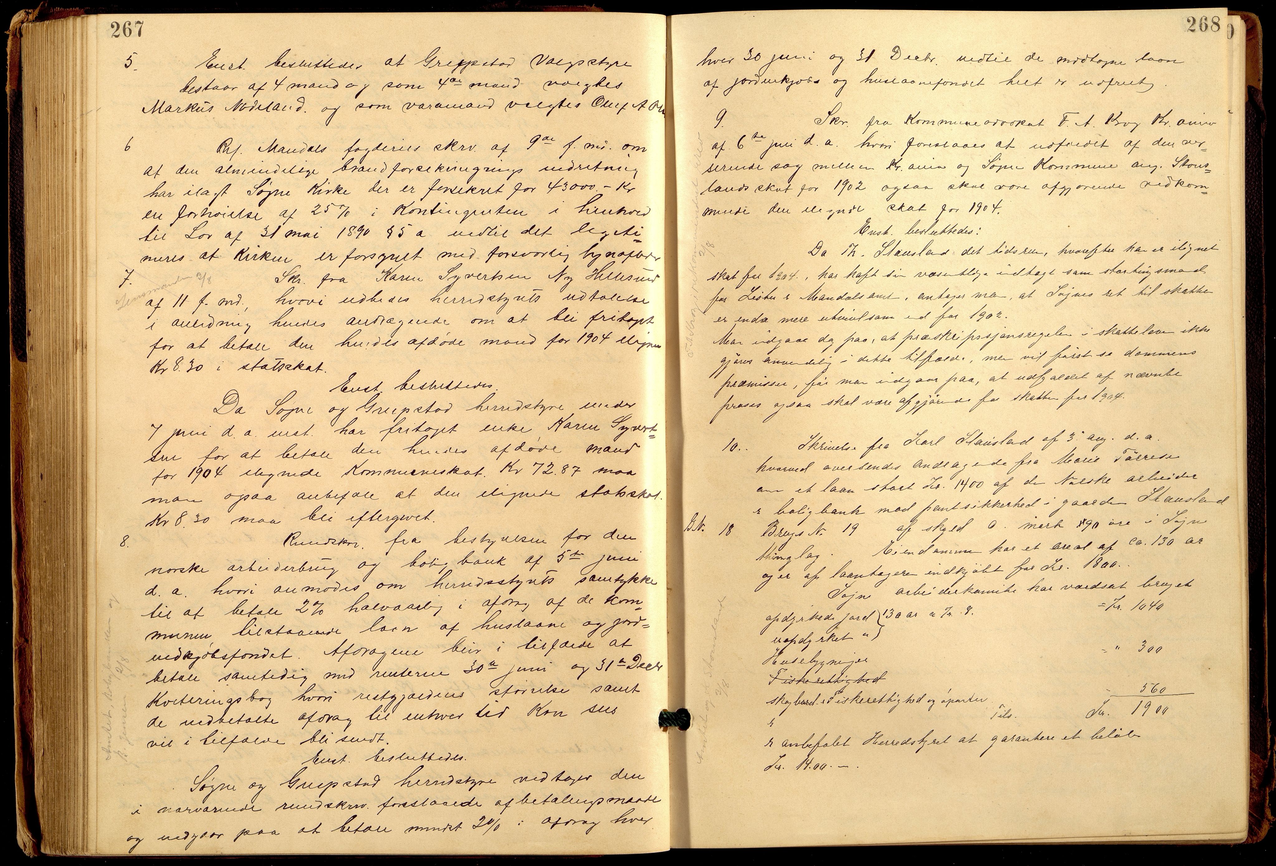 Søgne og Greipstad kommune - Formannskapet, ARKSOR/1018SG120/A/L0006: Møtebok (d), 1901-1909, p. 267-268