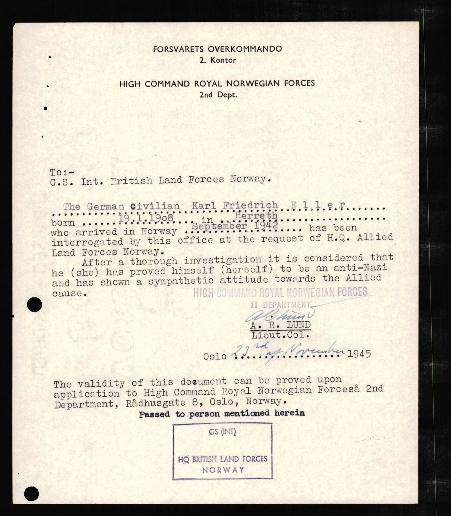 Forsvaret, Forsvarets overkommando II, RA/RAFA-3915/D/Db/L0007: CI Questionaires. Tyske okkupasjonsstyrker i Norge. Tyskere., 1945-1946, p. 156