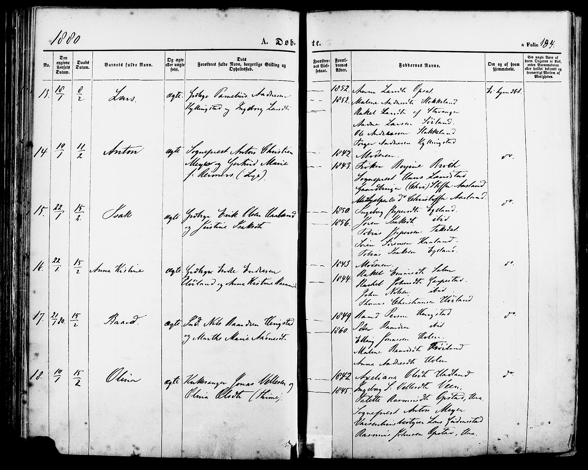 Lye sokneprestkontor, AV/SAST-A-101794/001/30BA/L0008: Parish register (official) no. A 7, 1872-1881, p. 134