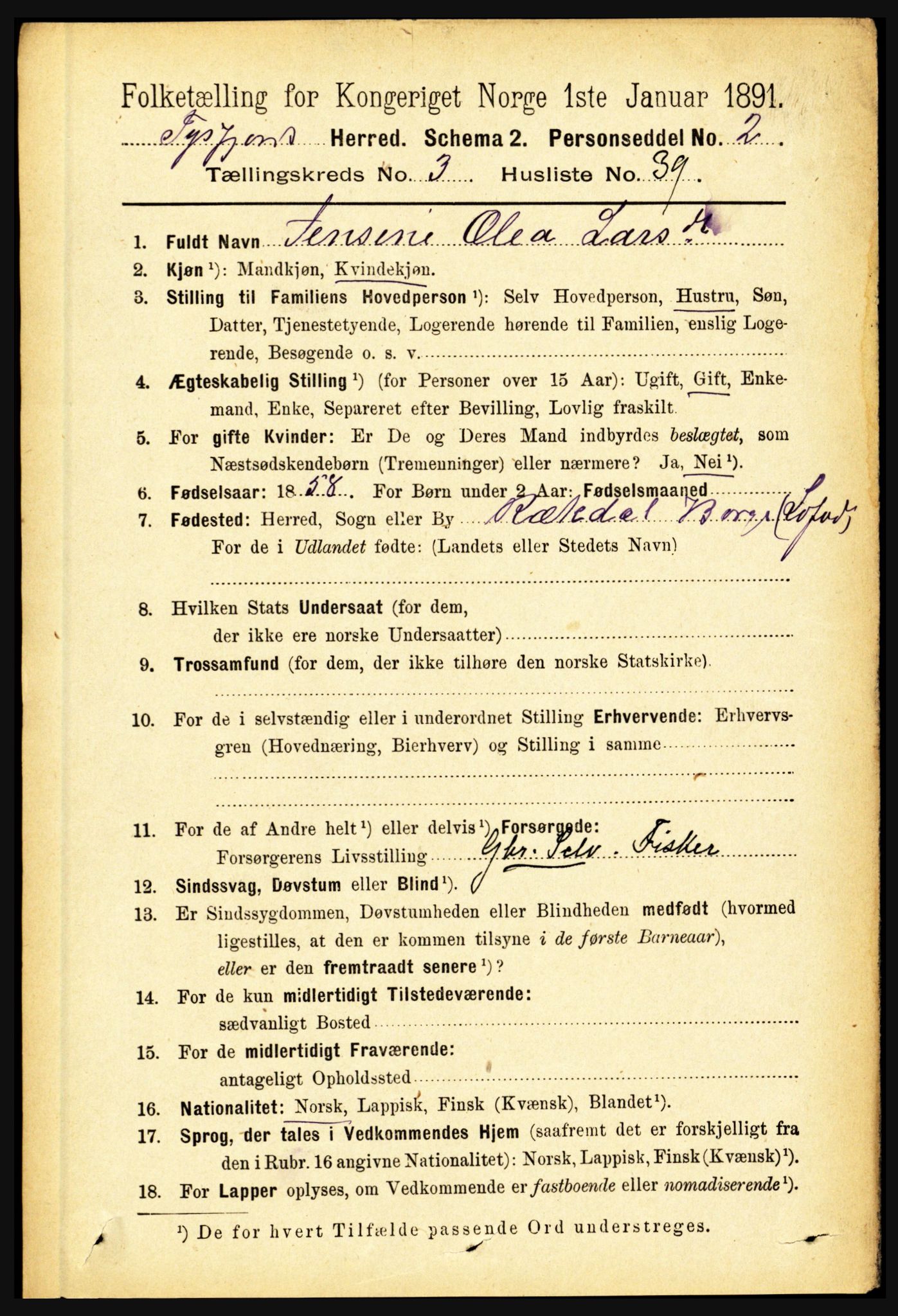 RA, 1891 census for 1850 Tysfjord, 1891, p. 1329