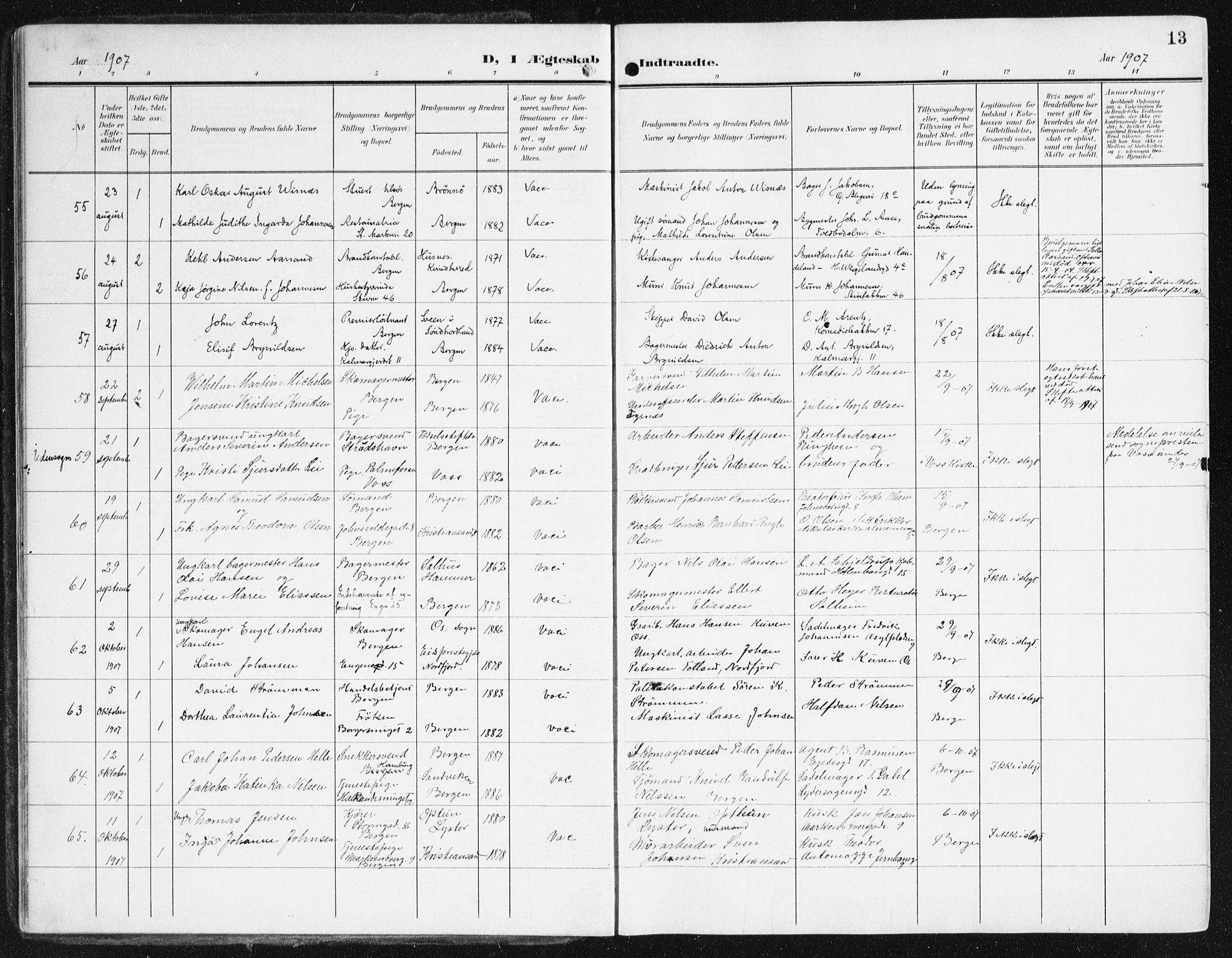 Domkirken sokneprestembete, AV/SAB-A-74801/H/Haa/L0038: Parish register (official) no. D 5, 1906-1921, p. 13