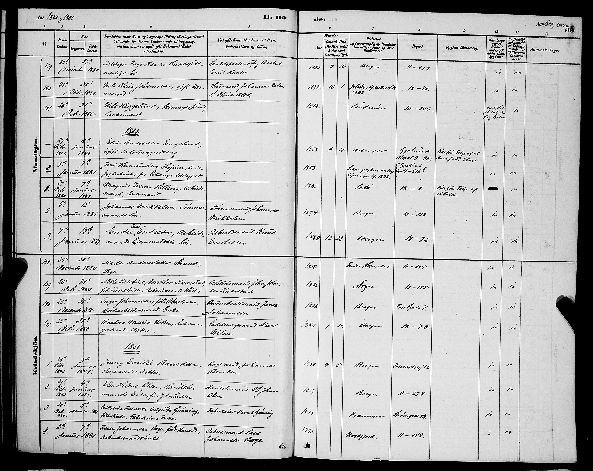 Domkirken sokneprestembete, SAB/A-74801/H/Hab/L0041: Parish register (copy) no. E 5, 1878-1900, p. 55