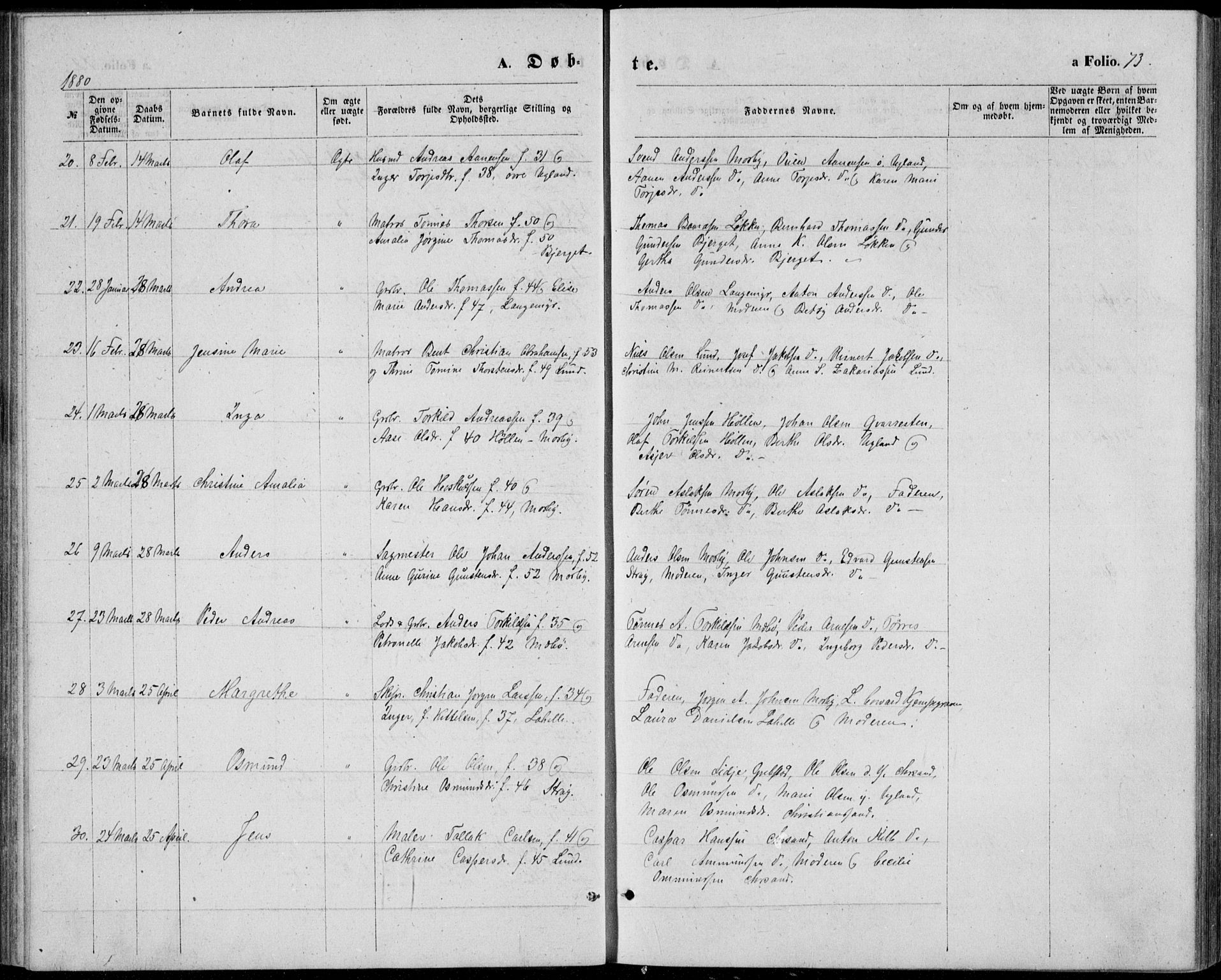 Oddernes sokneprestkontor, AV/SAK-1111-0033/F/Fb/Fba/L0007: Parish register (copy) no. B 7, 1869-1887, p. 73