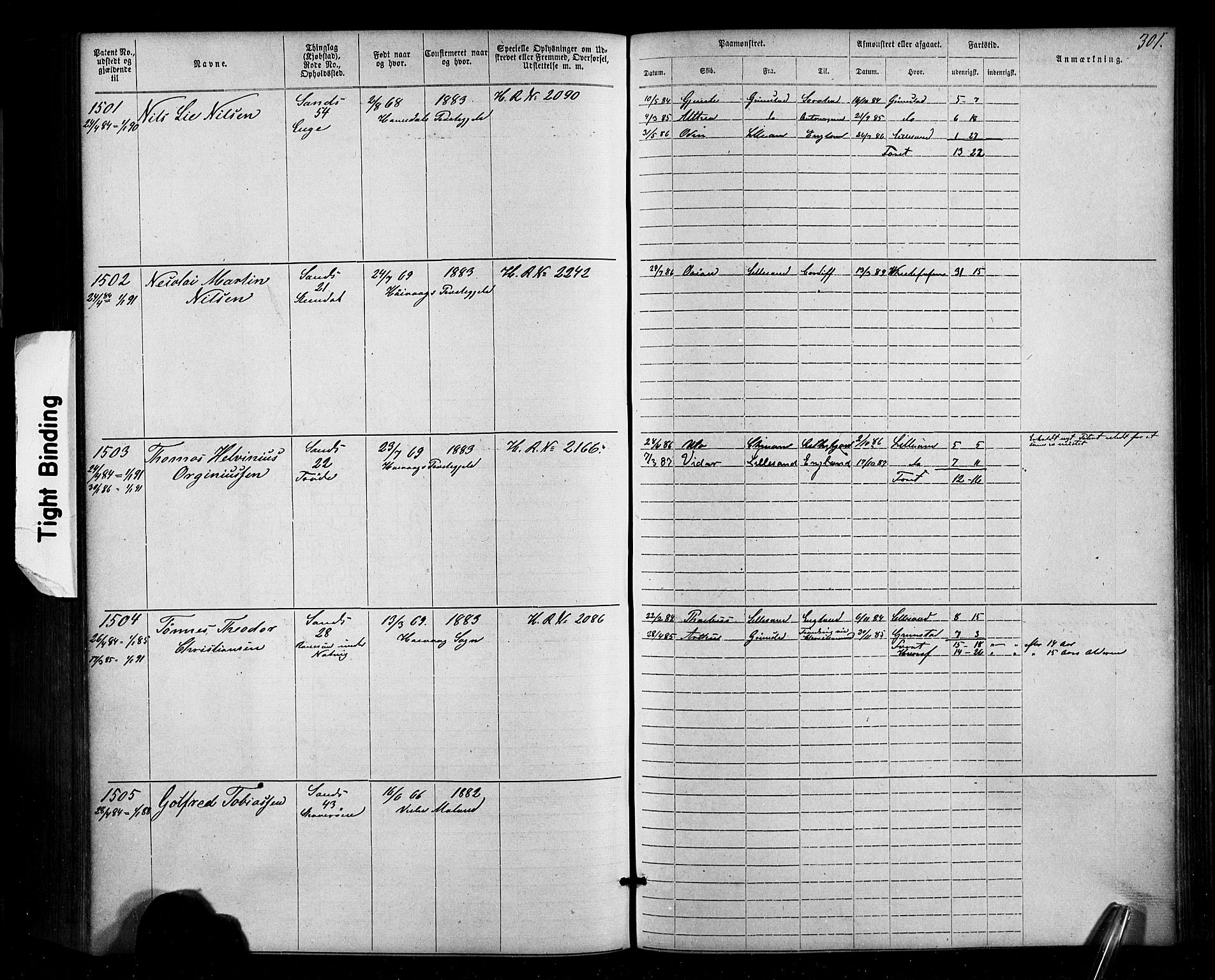 Lillesand mønstringskrets, SAK/2031-0014/F/Fa/L0002: Annotasjonsrulle nr 1-1910 med register, W-8, 1868-1891, p. 307