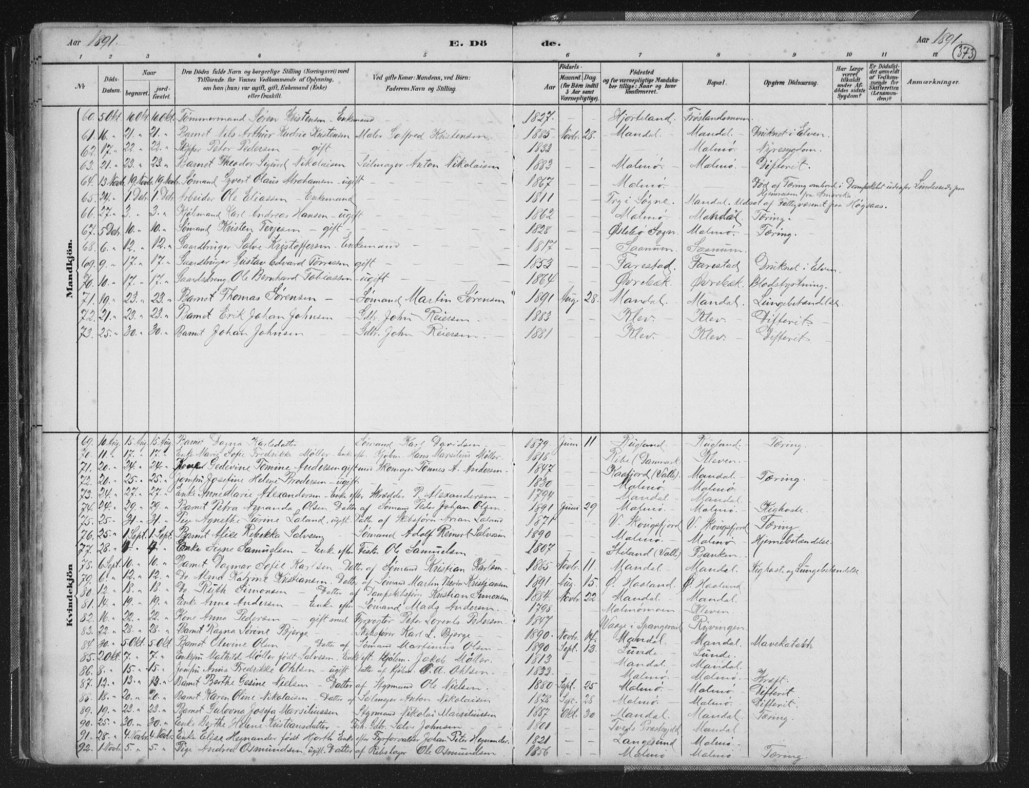 Mandal sokneprestkontor, AV/SAK-1111-0030/F/Fb/Fba/L0011: Parish register (copy) no. B 5, 1880-1898, p. 373