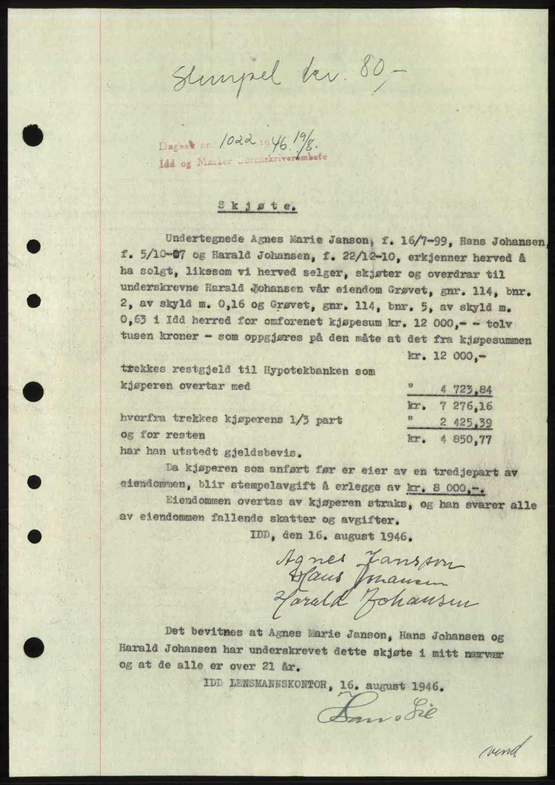 Idd og Marker sorenskriveri, AV/SAO-A-10283/G/Gb/Gbb/L0008: Mortgage book no. A8, 1946-1946, Diary no: : 1022/1946