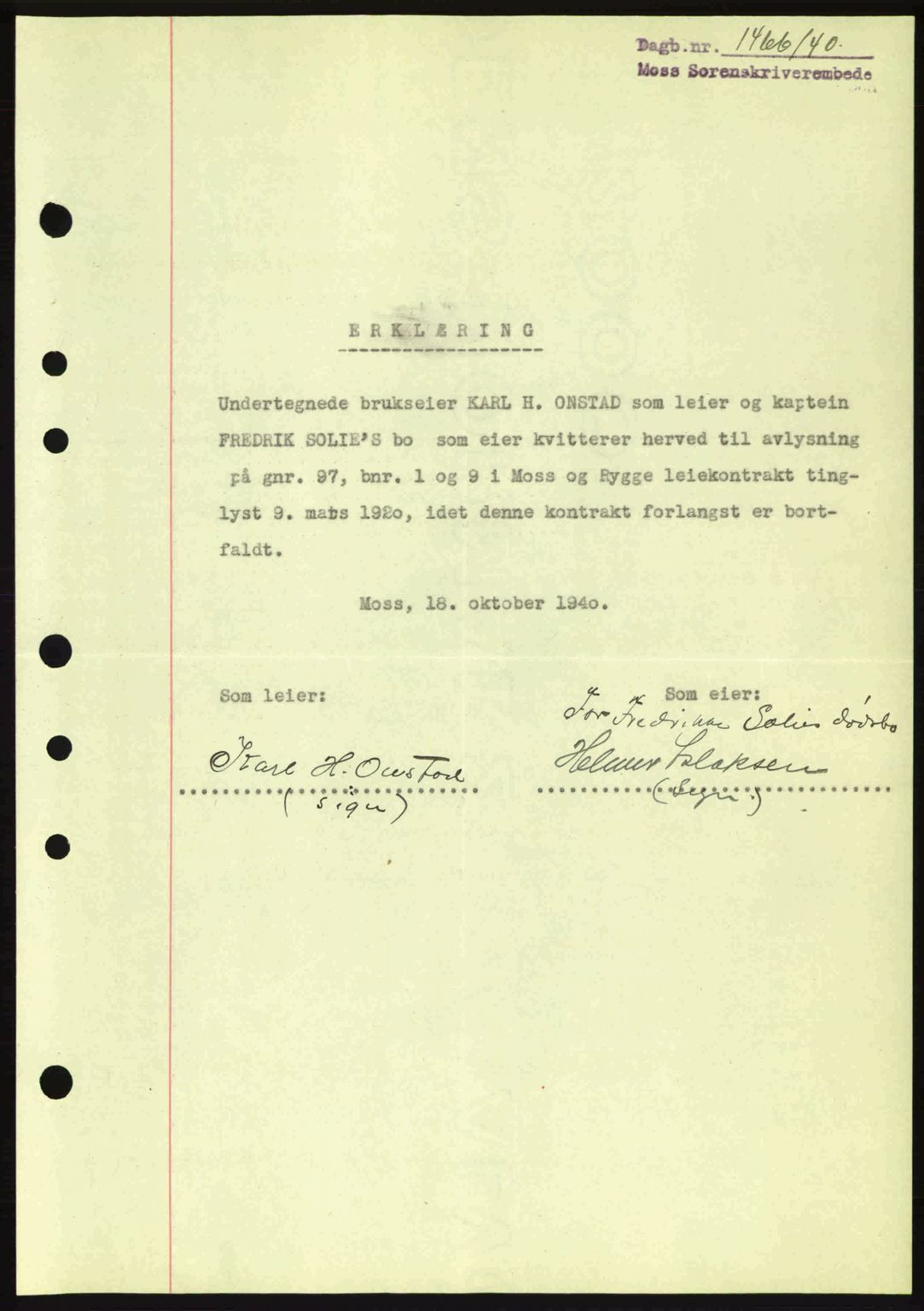Moss sorenskriveri, SAO/A-10168: Mortgage book no. B10, 1940-1941, Diary no: : 1466/1940