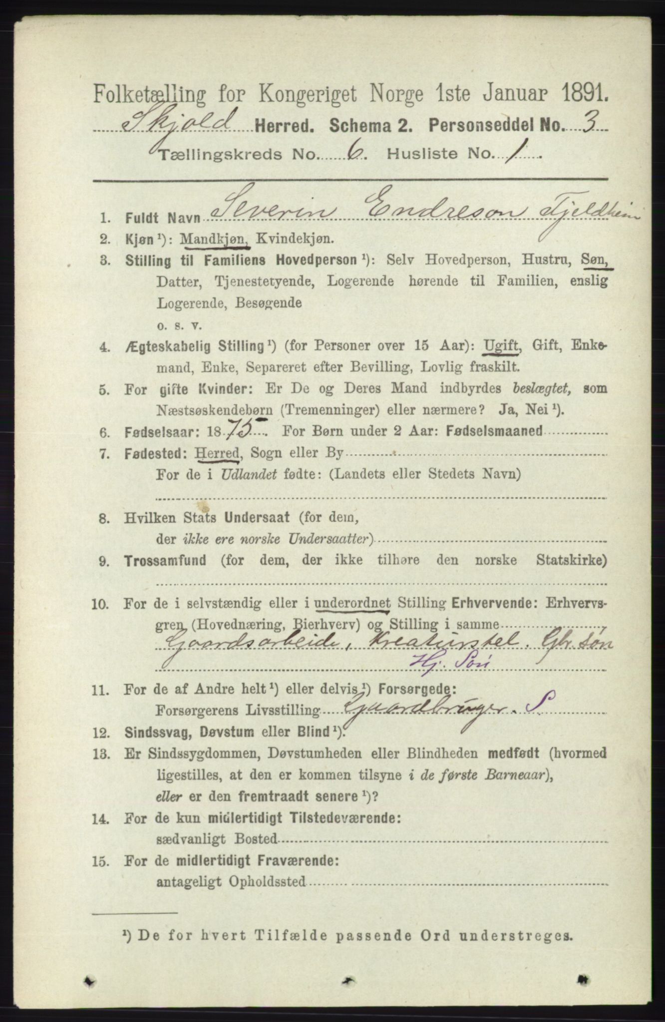 RA, 1891 census for 1154 Skjold, 1891, p. 1012