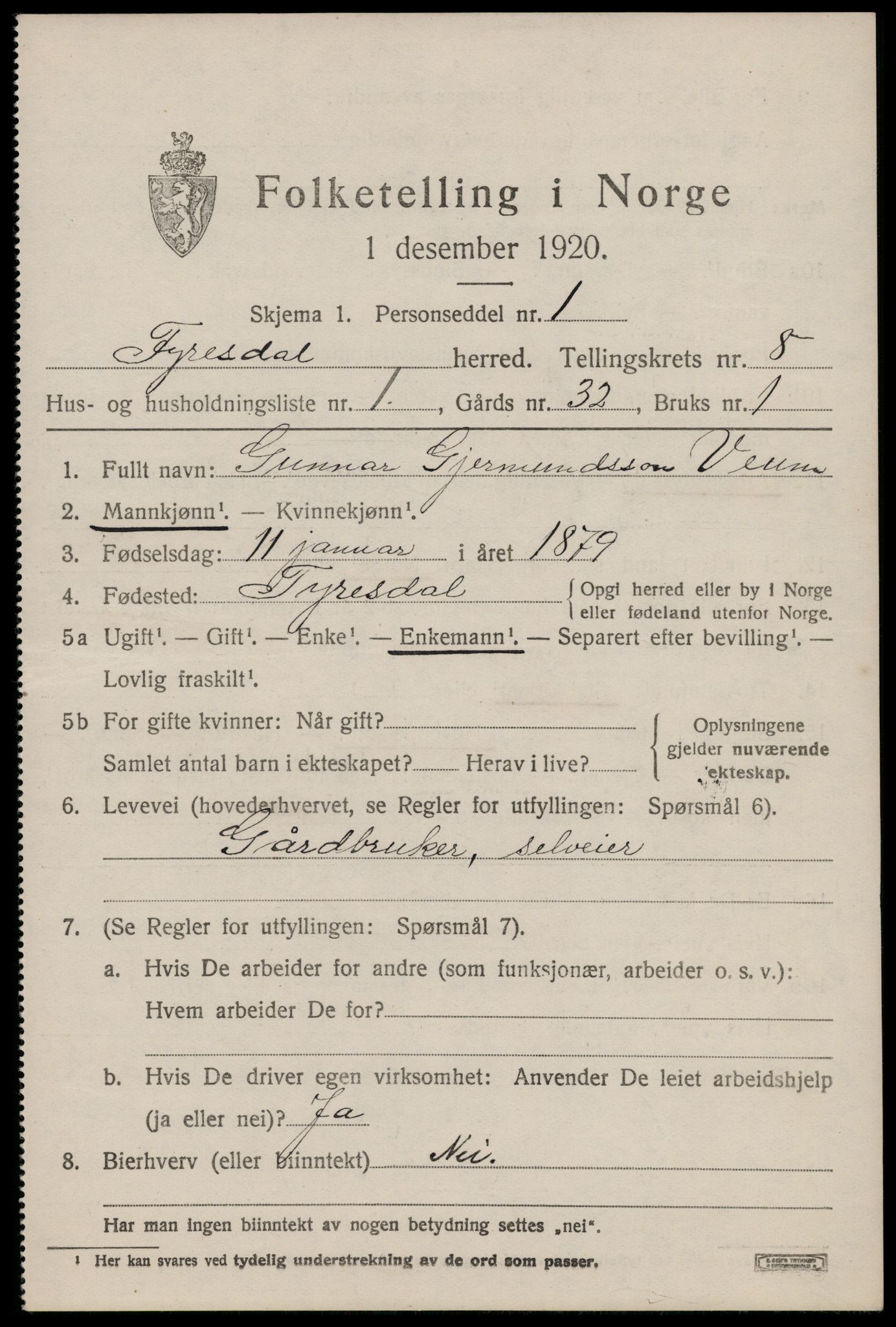 SAKO, 1920 census for Fyresdal, 1920, p. 3317