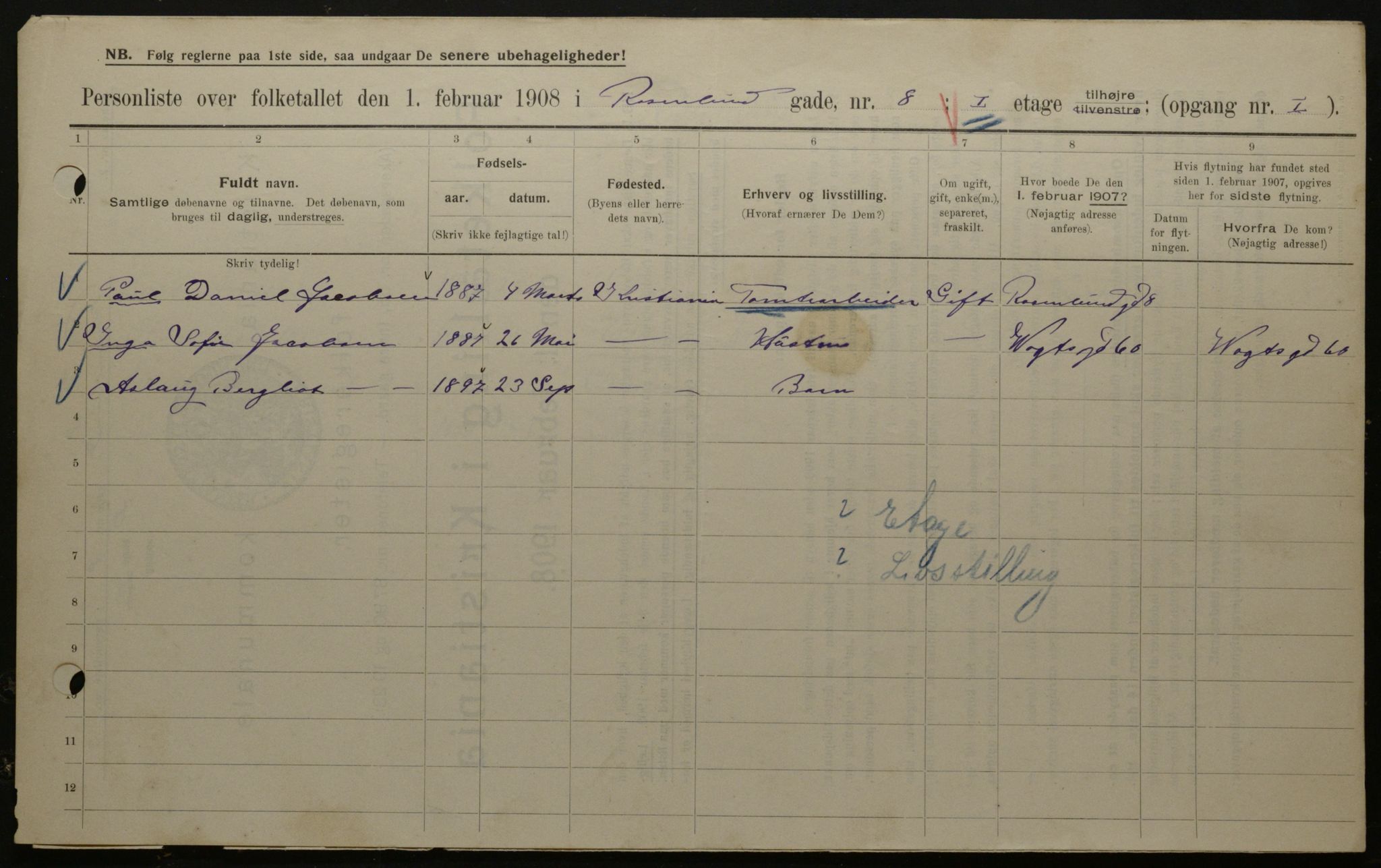 OBA, Municipal Census 1908 for Kristiania, 1908, p. 75655