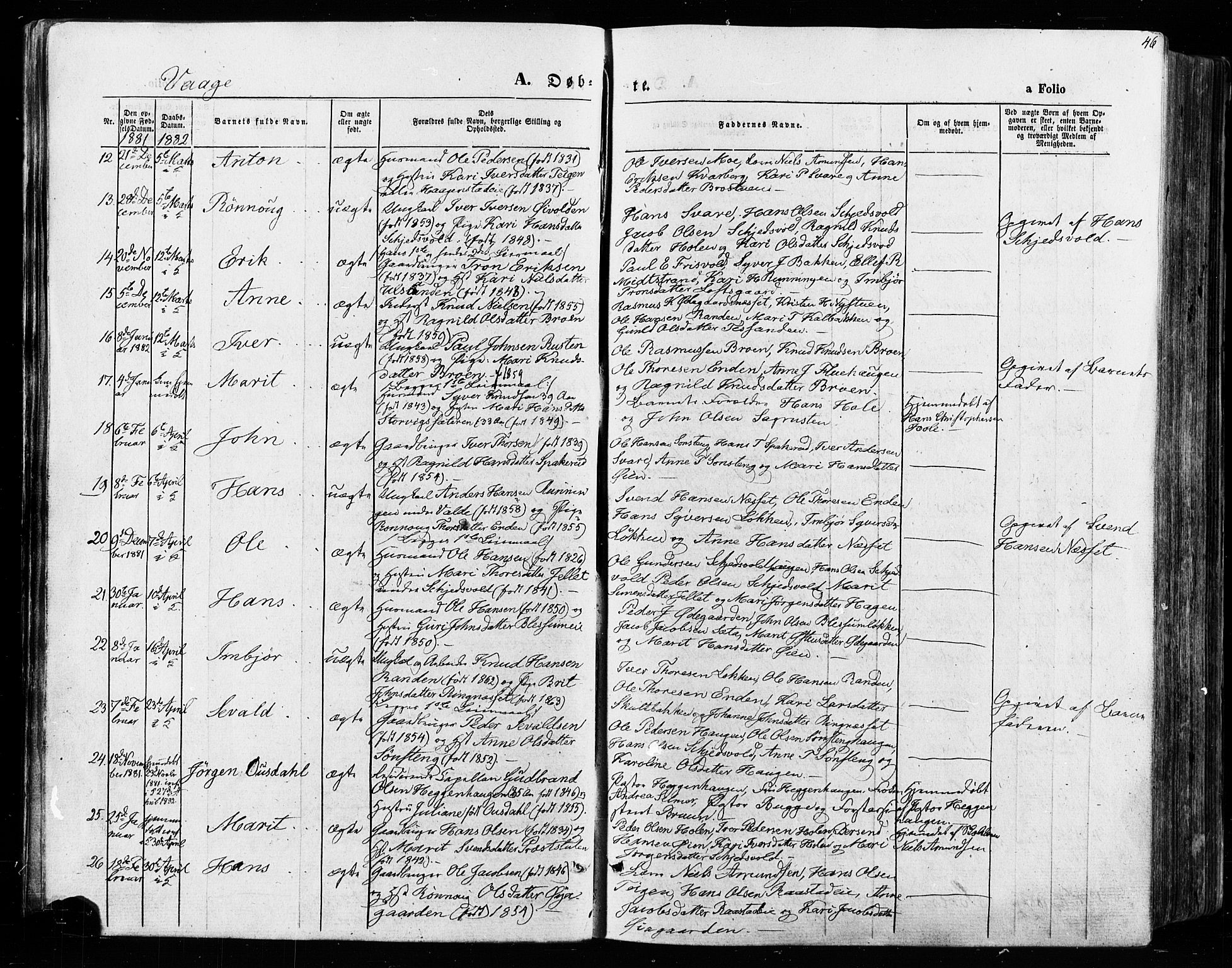 Vågå prestekontor, SAH/PREST-076/H/Ha/Haa/L0007: Parish register (official) no. 7 /1, 1872-1886, p. 46