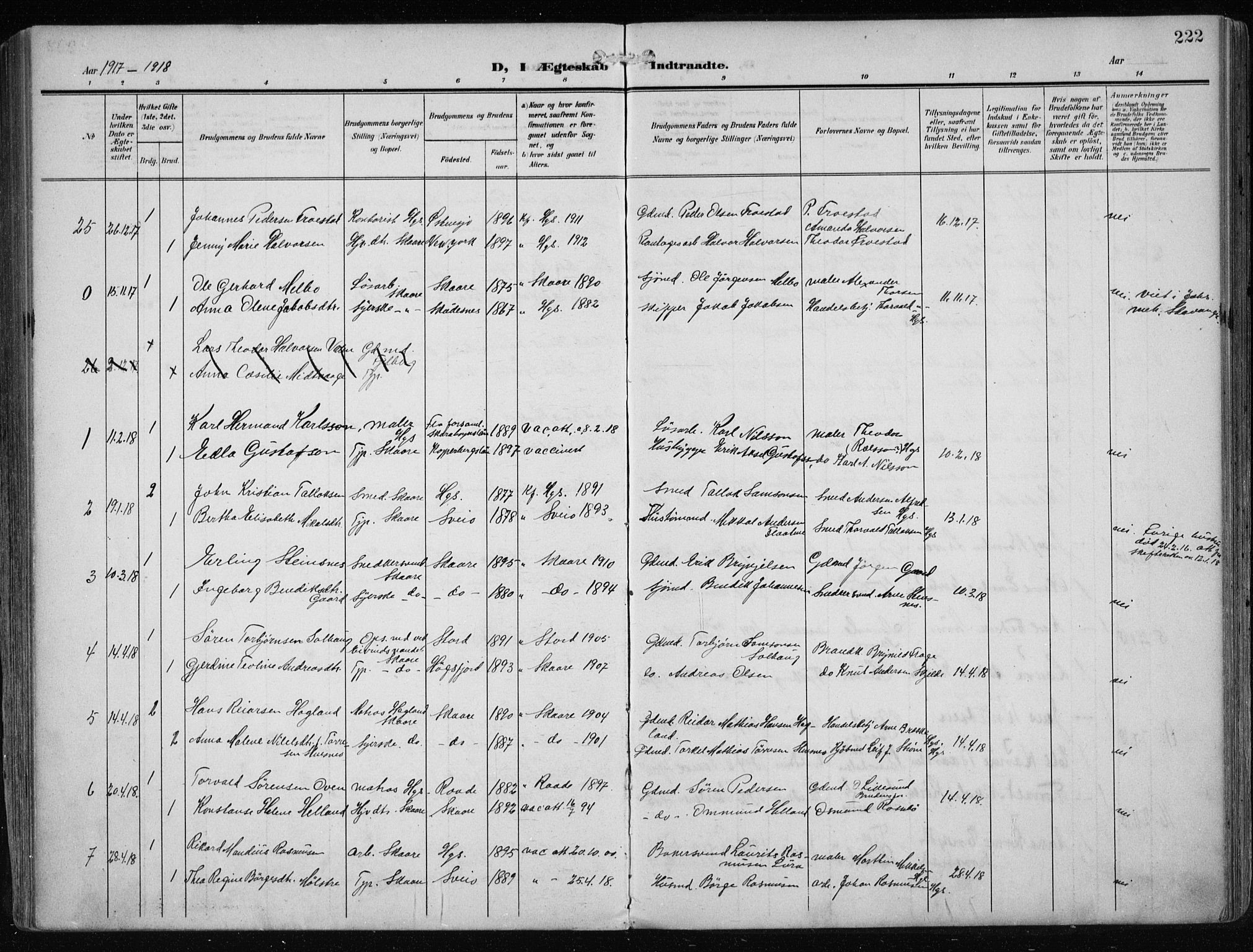 Haugesund sokneprestkontor, AV/SAST-A -101863/H/Ha/Haa/L0010: Parish register (official) no. A 10, 1909-1935, p. 222